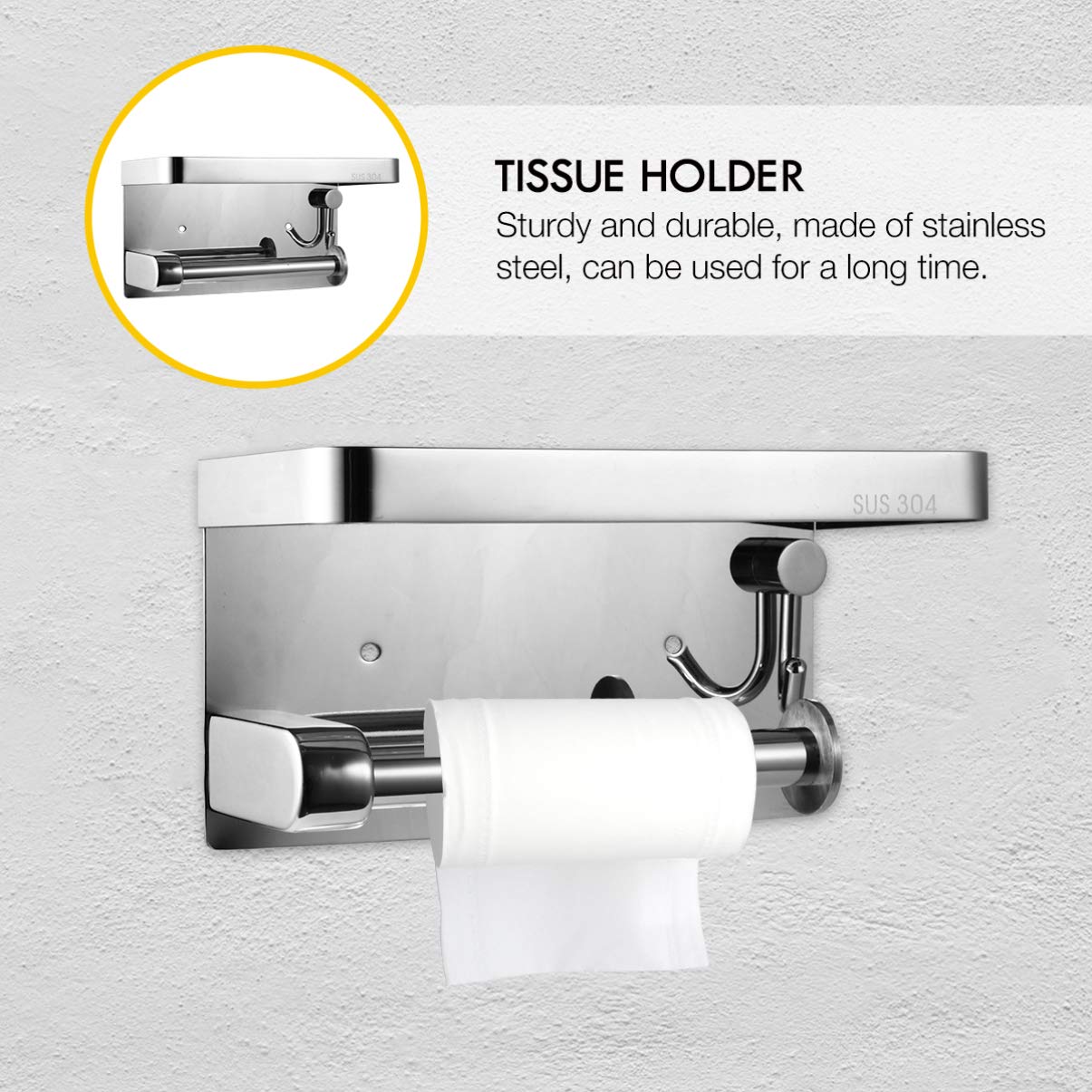 Stainless Steel Wall-Mounted Paper Towel Holder & Bathroom Organizer - Multi-Purpose Tissue Dispenser, Phone Shelf & Keychain Rack for Kitchen, Bathroom & Office Organization