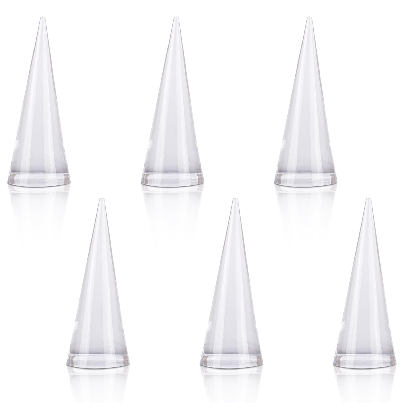 AUEAR 6 Pack Clear Acrylic Crystal Ring Display Holders - Wedding Cone Jewelry Showcase Stand for Jewelry Store, Bedroom Decor, Engagement Ring Presentation - Perfect for Retail Displays, Bridal Showers & Home Organization