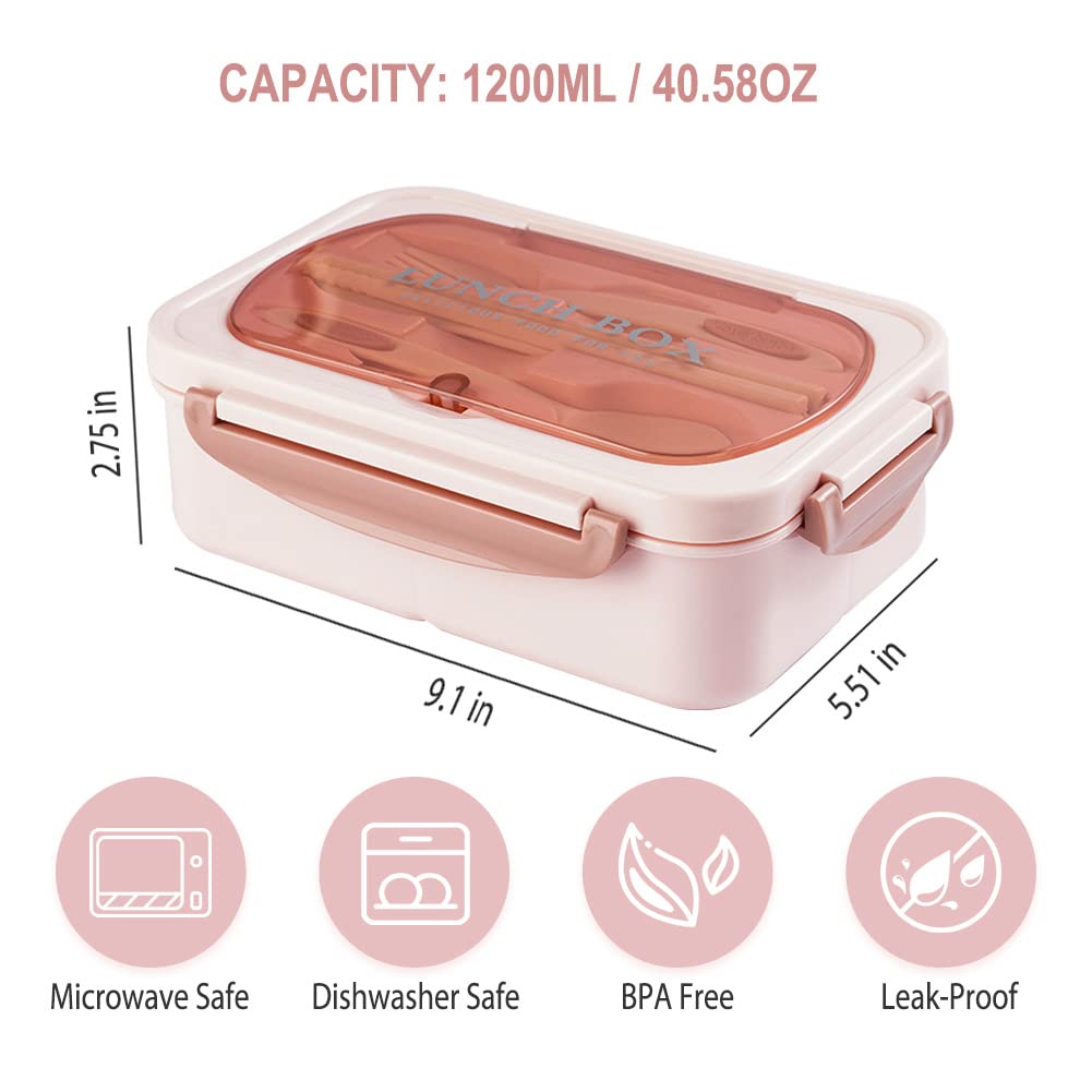 NatraProw 1200ML Bento Box for Adults - Leak Proof 3 Compartment Lunch Container with Utensils | BPA Free & Microwave Safe | Perfect for Office, School & Picnics (Pink)