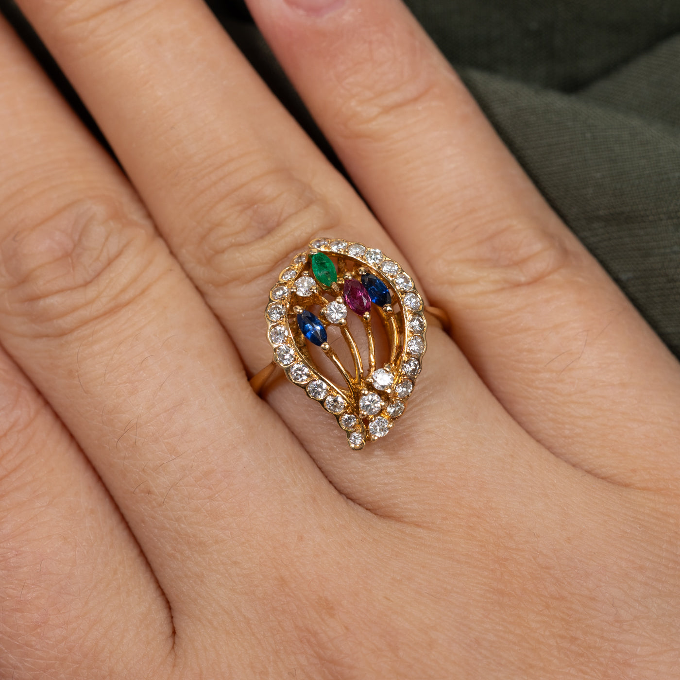 18K Gold Multi Gemstone & Diamond Cocktail Ring - 0.34ctw to 0.66ctw - Size 6.5 - Elegant Statement Jewelry for Parties, Weddings & Special Occasions