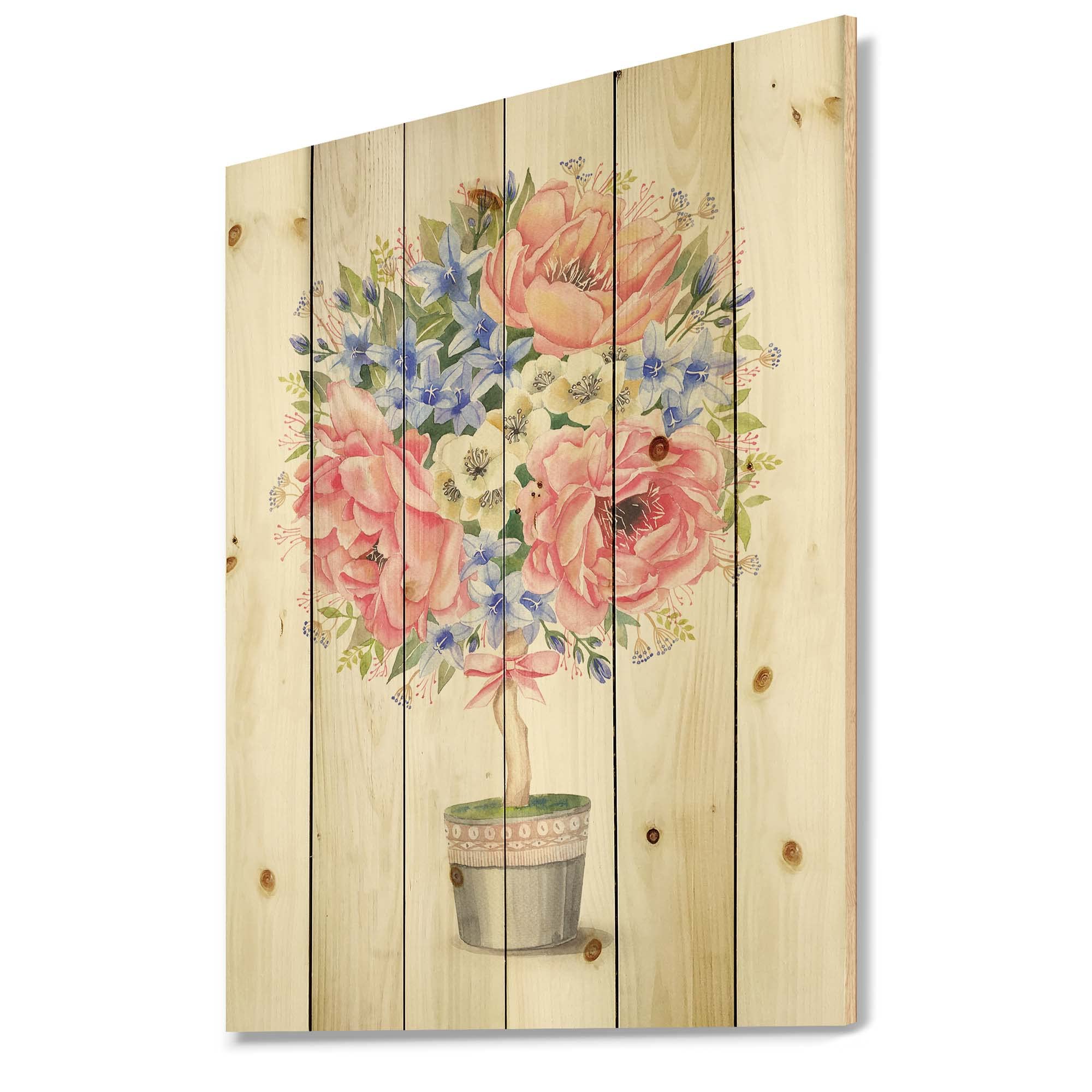 Farmhouse Floral Wood Wall Decor - Pink Flower Tree in Pot with Bow, Large Pine Wood Wall Art Panel for Living Room, Bedroom, Kitchen, and Home Decor