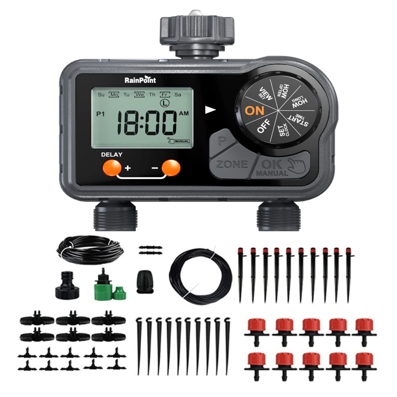 RainPoint 2-Outlet Smart Water Timer with Drip Irrigation Kit - Automatic/Manual Modes, Rain Delay, Custom Weekday/Day Cycle - Perfect for Lawn, Garden & Drip Irrigation Systems