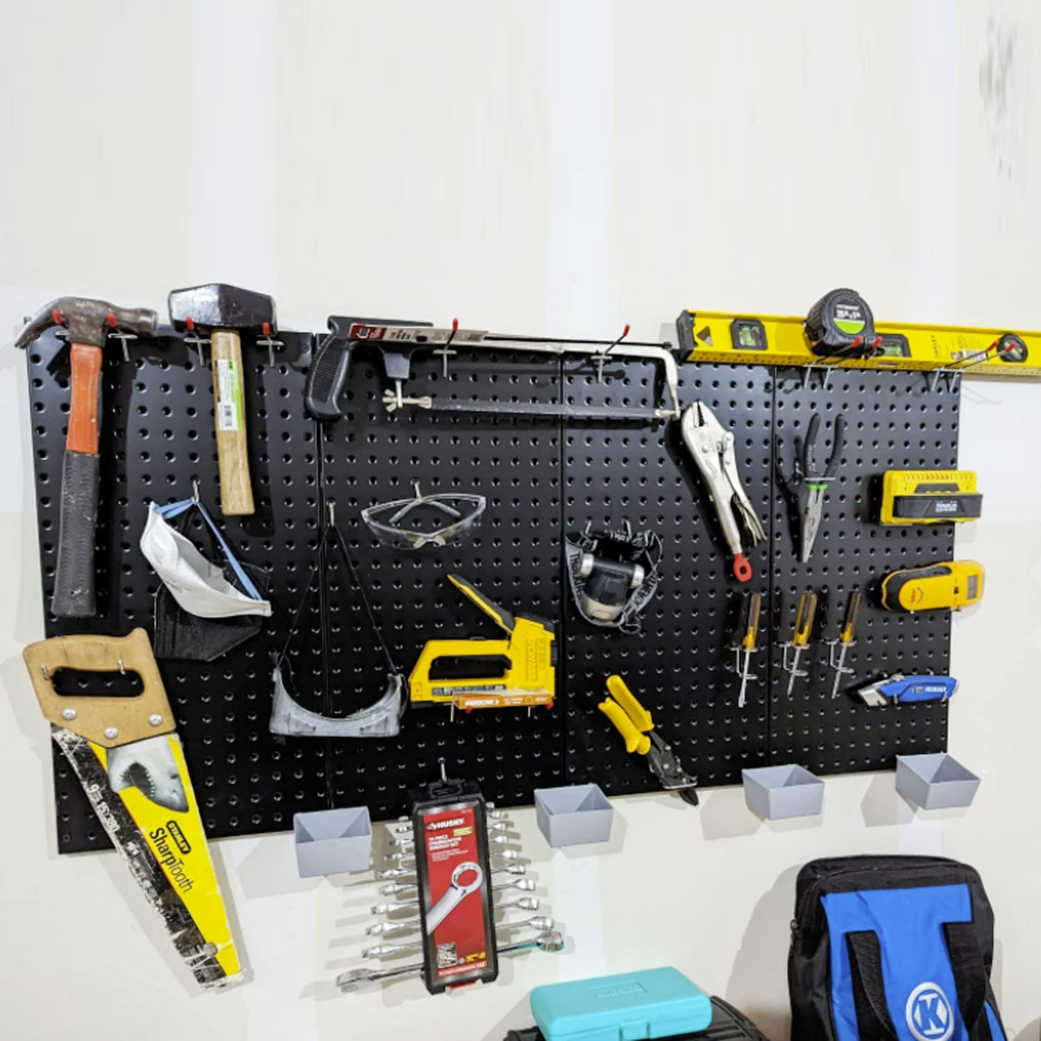 Wallmaster Pegboard Organizer Garage Storage - 48pcs Pegboard Hooks Set, 48x24 Inch Steel Peg Board & 4 Storage Bins for Tool Organization (Black) - Perfect for Garage, Workshop, Shed, and Home DIY Projects