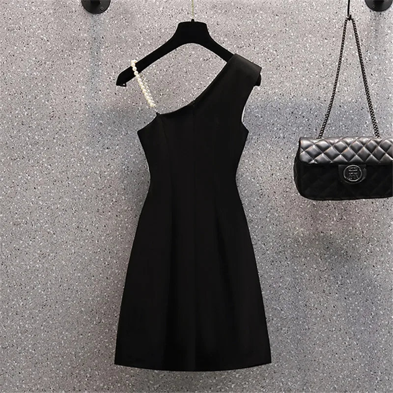 Sexy Black Strap Dress for Women - Bowknot Sleeveless High Waist Short Dress with Diagonal Collar - Elegant Summer Party Clubwear & Beach Dress