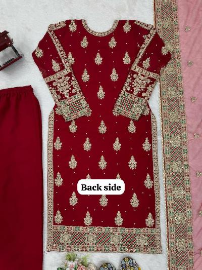 Elegant Red Georgette Sequins Pearl Embellished Women's Suit Set for Office, Party & Special Occasions