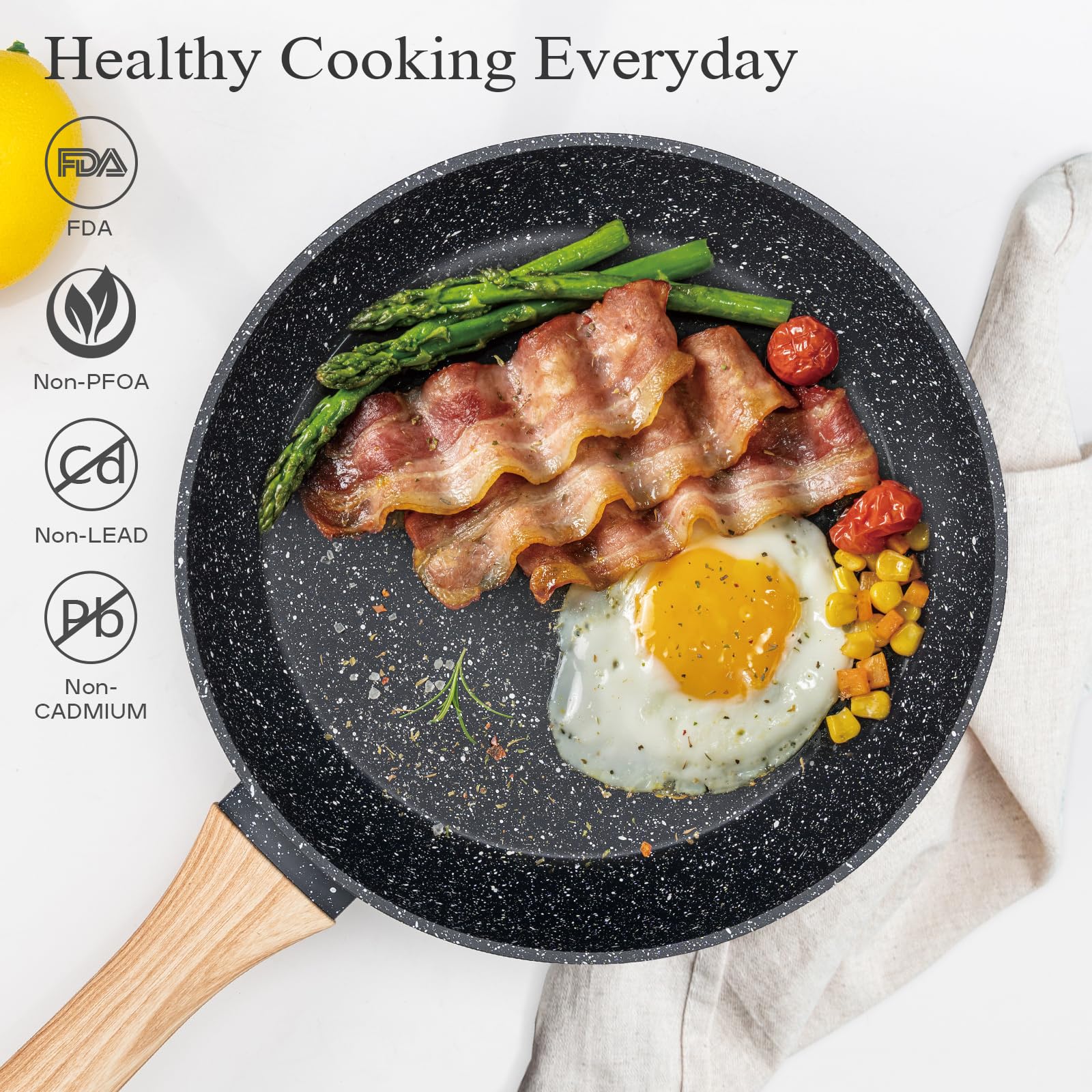 12-Piece Nonstick Cookware Set - Black Granite Induction Pots and Pans Set | PFAS, PFOA, PFOS Free | Healthy Kitchen Cooking Set with Frying Pans, Saucepans & Steamer | Perfect for Home Chefs, Daily Cooking & Family Meals