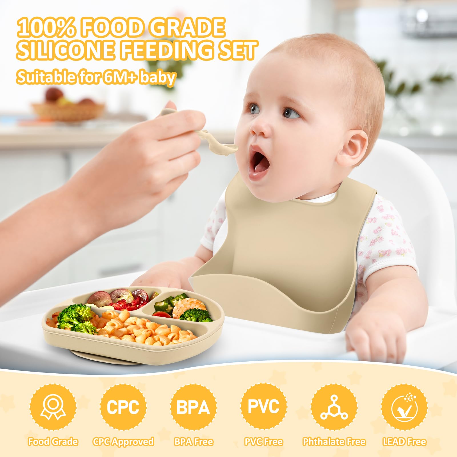 **Best Silicone Baby Feeding Set for Self Feeding | Toddler & Infant Eating Utensils with Suction Bowl, Divided Plate, Sippy Cup, Spoons, Forks & Teether | Adjustable Bib for Babies 6+ Months | Perfect for Baby-Led Weaning & Mess-Free Mealtime**