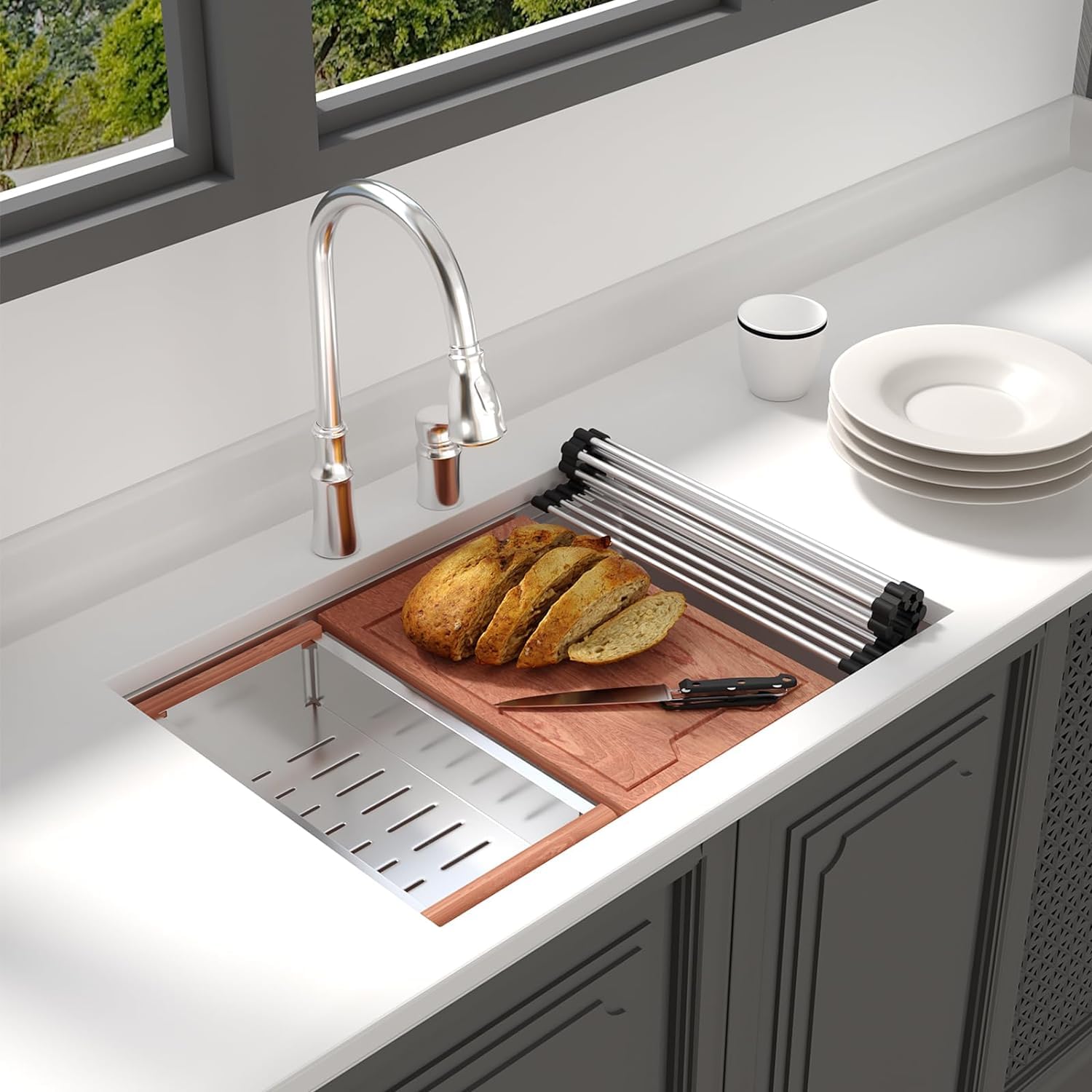 Lordear 28-Inch Undermount Kitchen Sink - 16 Gauge 304 Stainless Steel Single Bowl Workstation Sink with Drainboard - Heavy Duty Under Counter Sink for Modern Kitchens & Restaurant Prep Areas