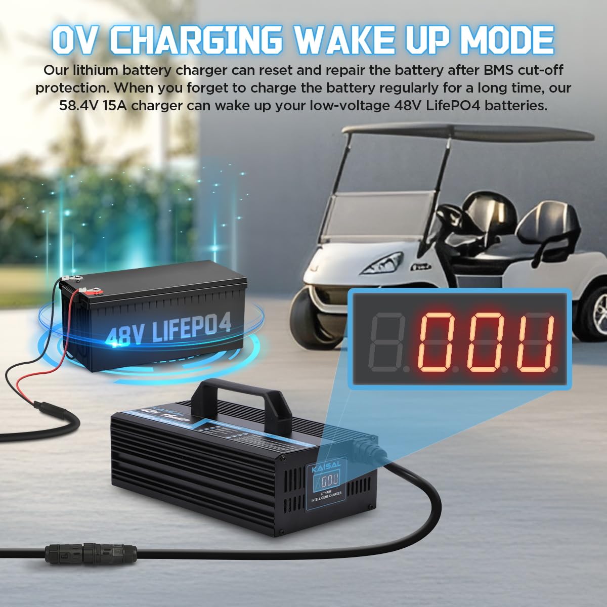 KAISAL 48V/58.4V 15A Lifepo4 Battery Charger - Waterproof IP68 Lithium Golf Cart & Forklift Charger with Removable Plug | Perfect for Golf Carts, Electric Vehicles, and Industrial Equipment