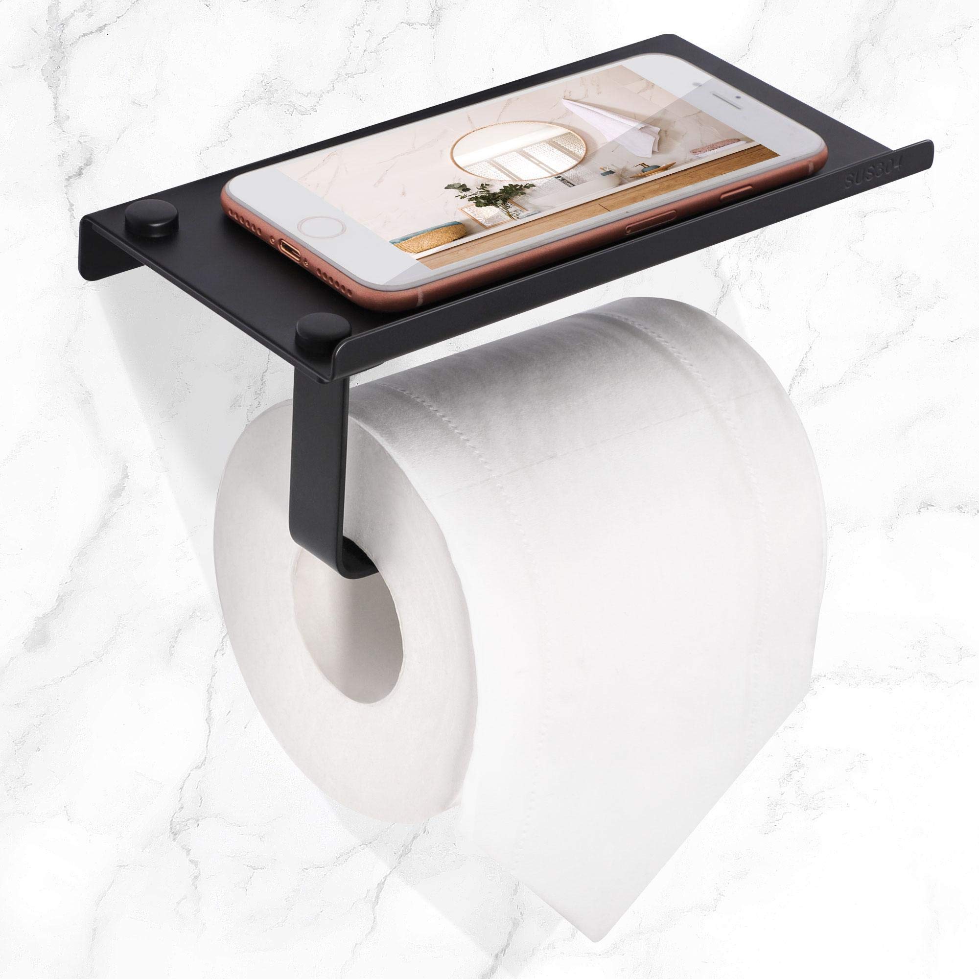 Stainless Steel Black Toilet Paper Holder with Phone Shelf - Wall Mounted Bathroom Tissue Towel Holder - Matte Finish for Modern Homes & Office Restrooms