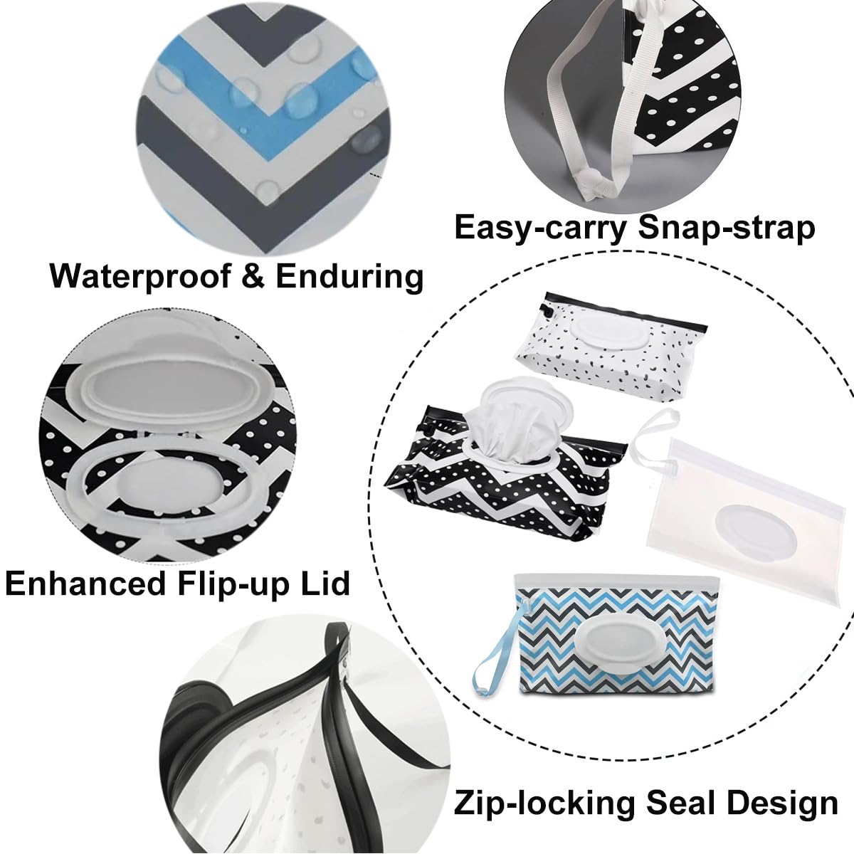 Portable Wet Wipe Dispenser Bag - Reusable Travel Wipes Container with Sealed Zipper, Napkin Storage Pouch (Black Dot) - Perfect for Diaper Changes, Baby Care, Travel & On-the-Go Hygiene