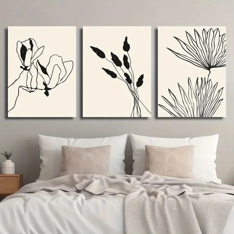 3-Piece Abstract Beige and Black Botanical Floral Wall Art Set - Framed Canvas Prints 40x60cm (16x24in) - High Quality Australian Made Wall Decor - Perfect for Living Room, Bedroom & Office Decor