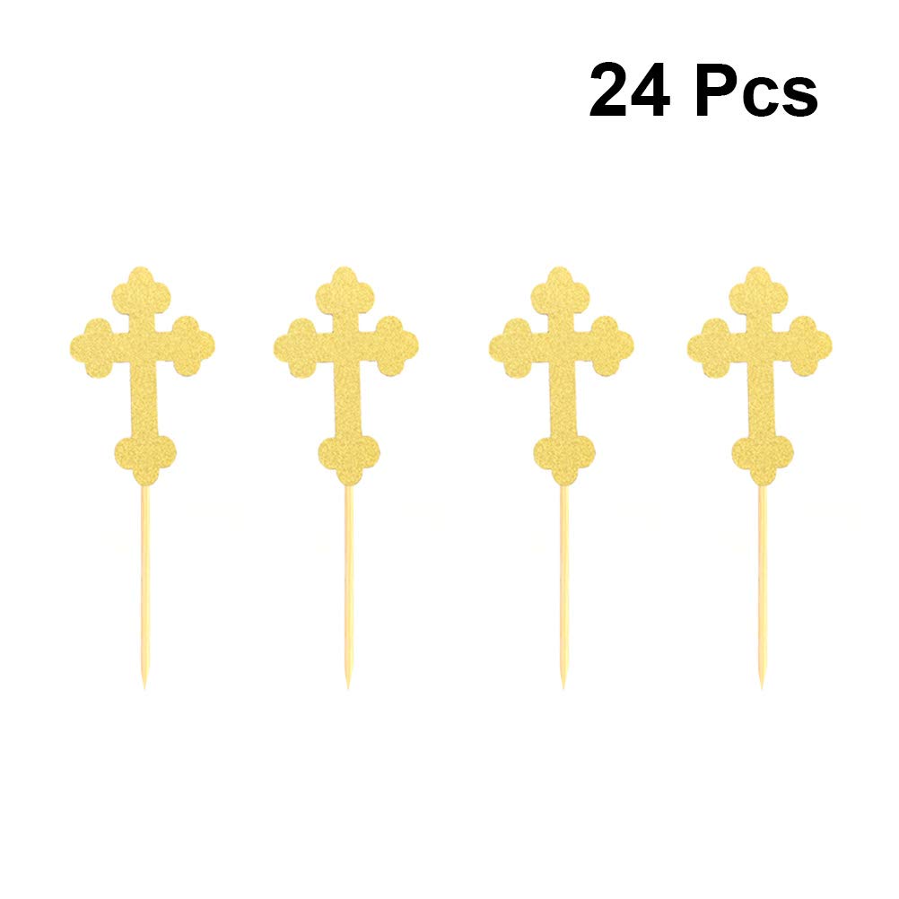 24pcs Reusable Wooden Cross Cupcake Toppers - Glitter Paper Cake Decorations for Birthday, Wedding & DIY Party Dessert Decorating - Perfect for Cupcakes, Cakes & Dessert Displays