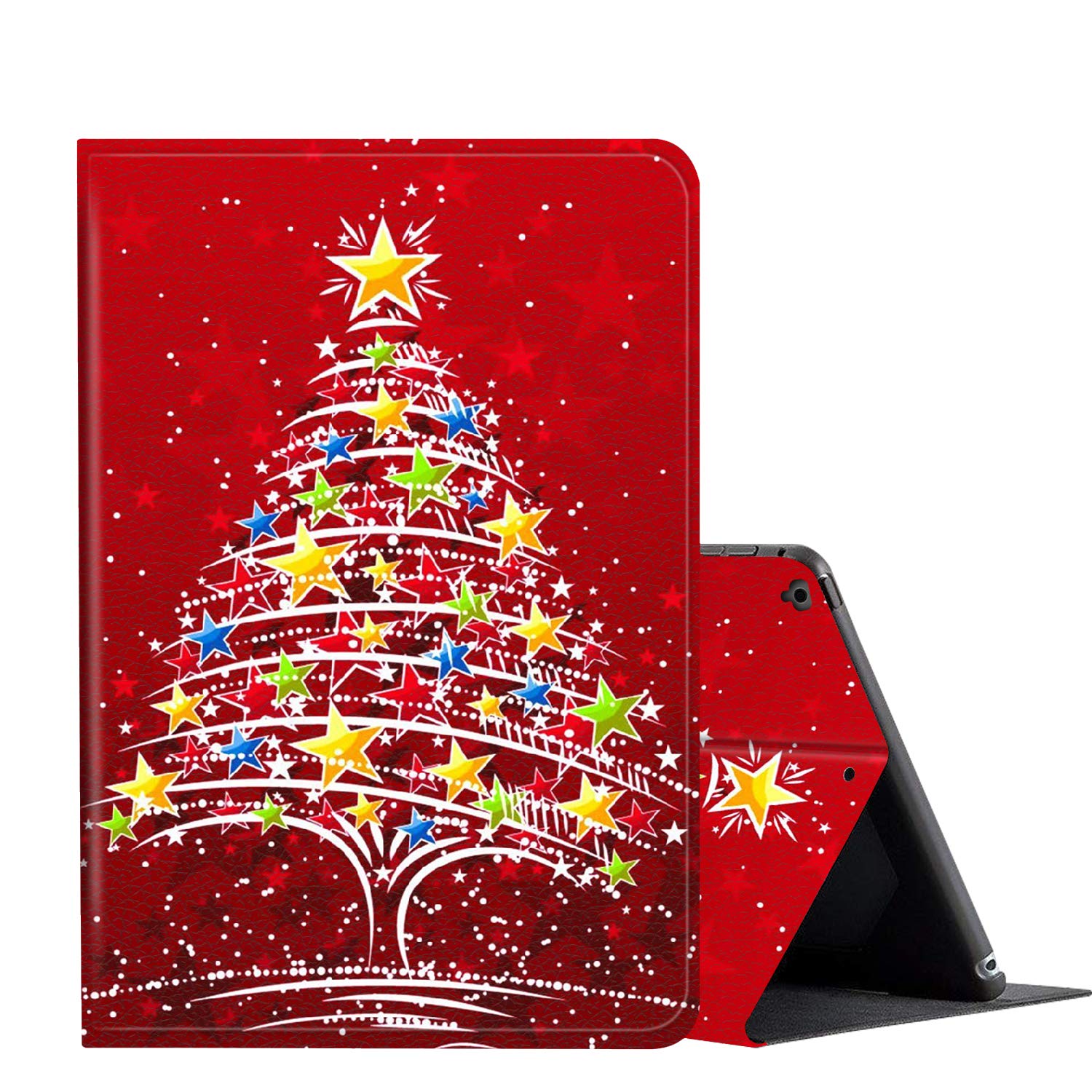 Premium PU Leather Smart Case for iPad 9.7 Inch (2018/2017), iPad Air 2 & iPad 6th/5th Gen - Auto Wake/Sleep Function, Adjustable Stand, Christmas Tree Stars Design - Perfect for Work, Travel & Home Use