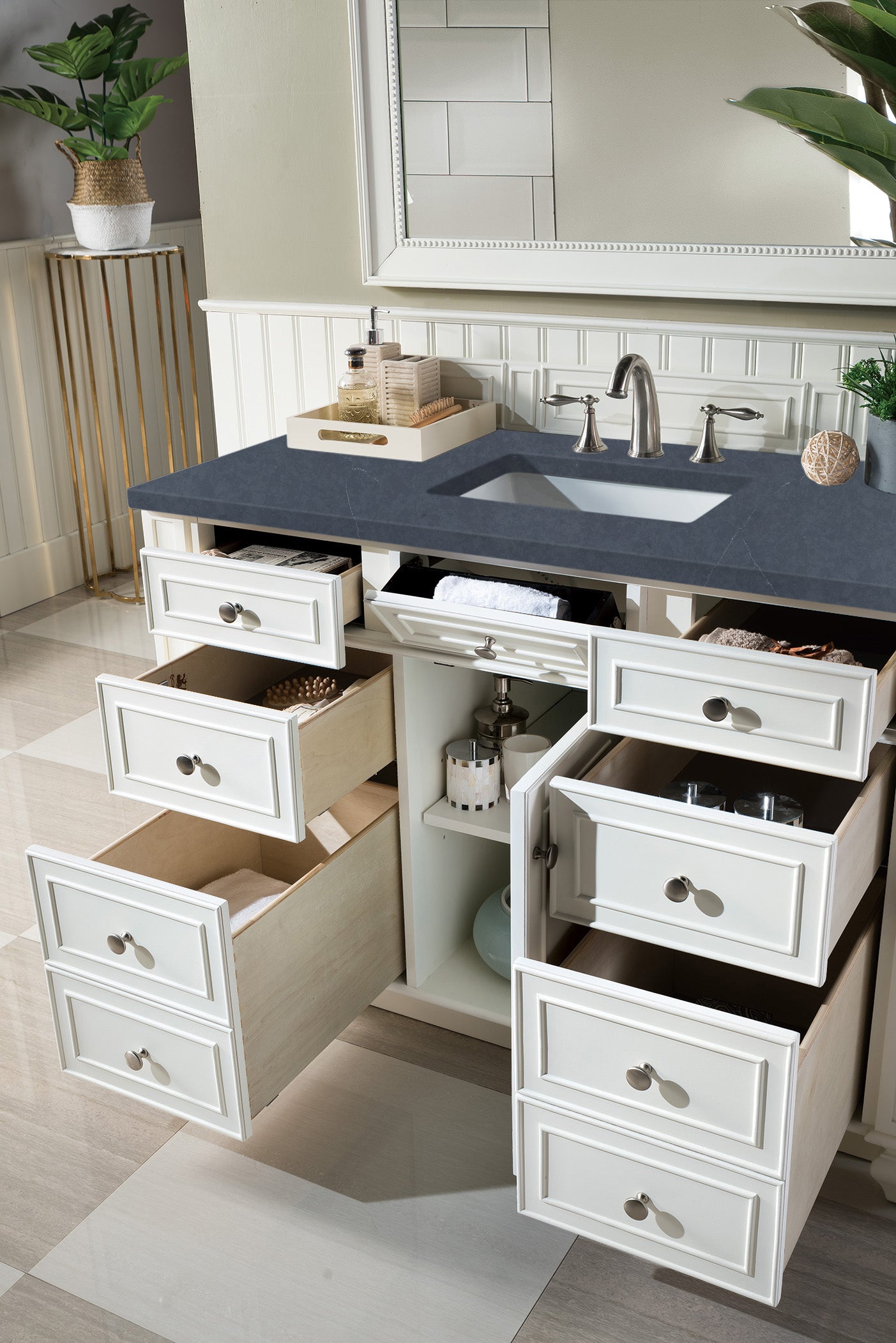Bristol 48-Inch Single Bathroom Vanity Set with Bright White Finish & 3CM Charcoal Soapstone Quartz Countertop – Perfect for Modern Master Bathrooms and Powder Rooms
