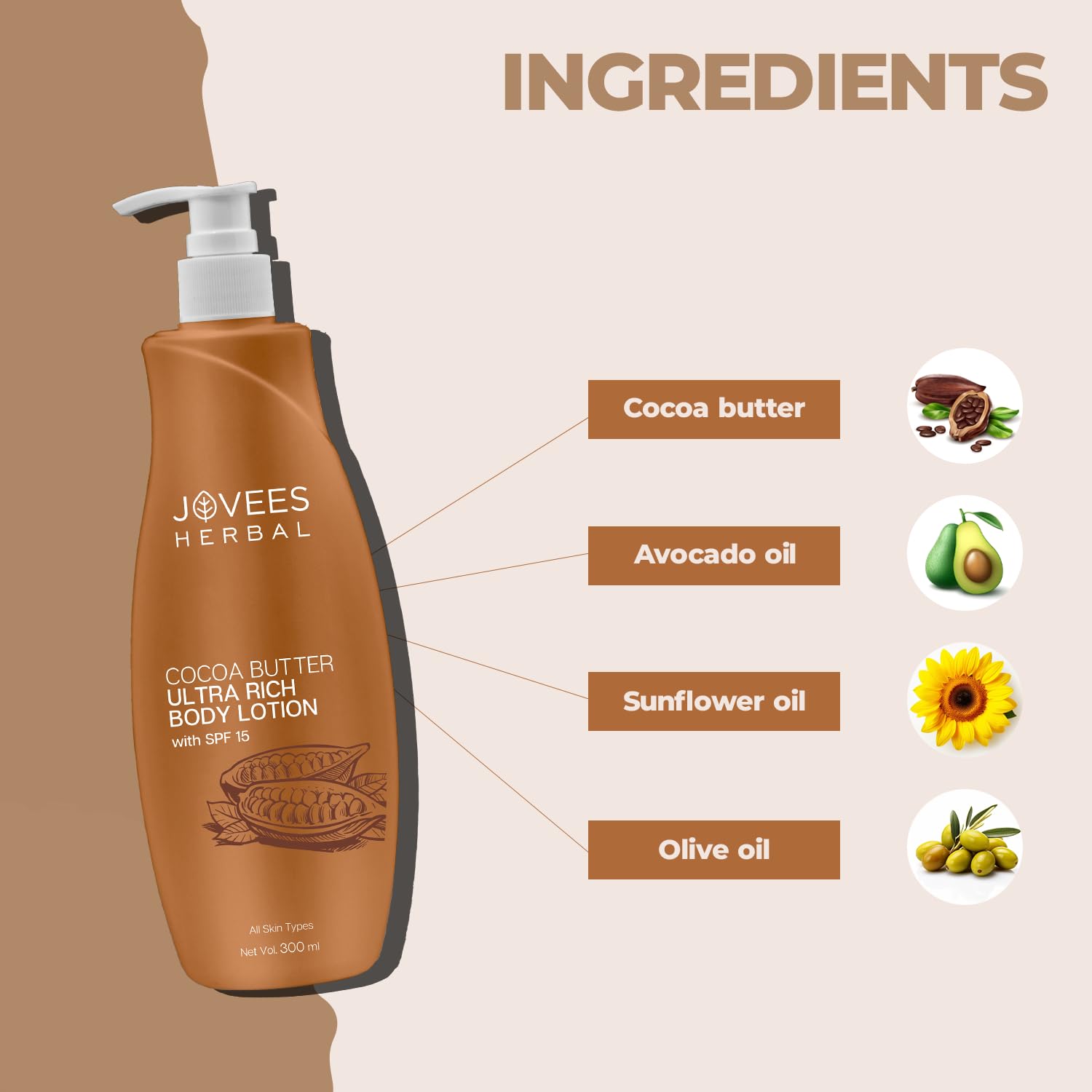 Jovees Cocoa Butter Body Lotion 300ml - Deep Moisturizing, Non-Sticky Formula for Very Dry Skin | Winter Skin Care with Cocoa Butter for Smooth & Healthy Skin | Perfect for Daily Hydration & Cold Weather Protection