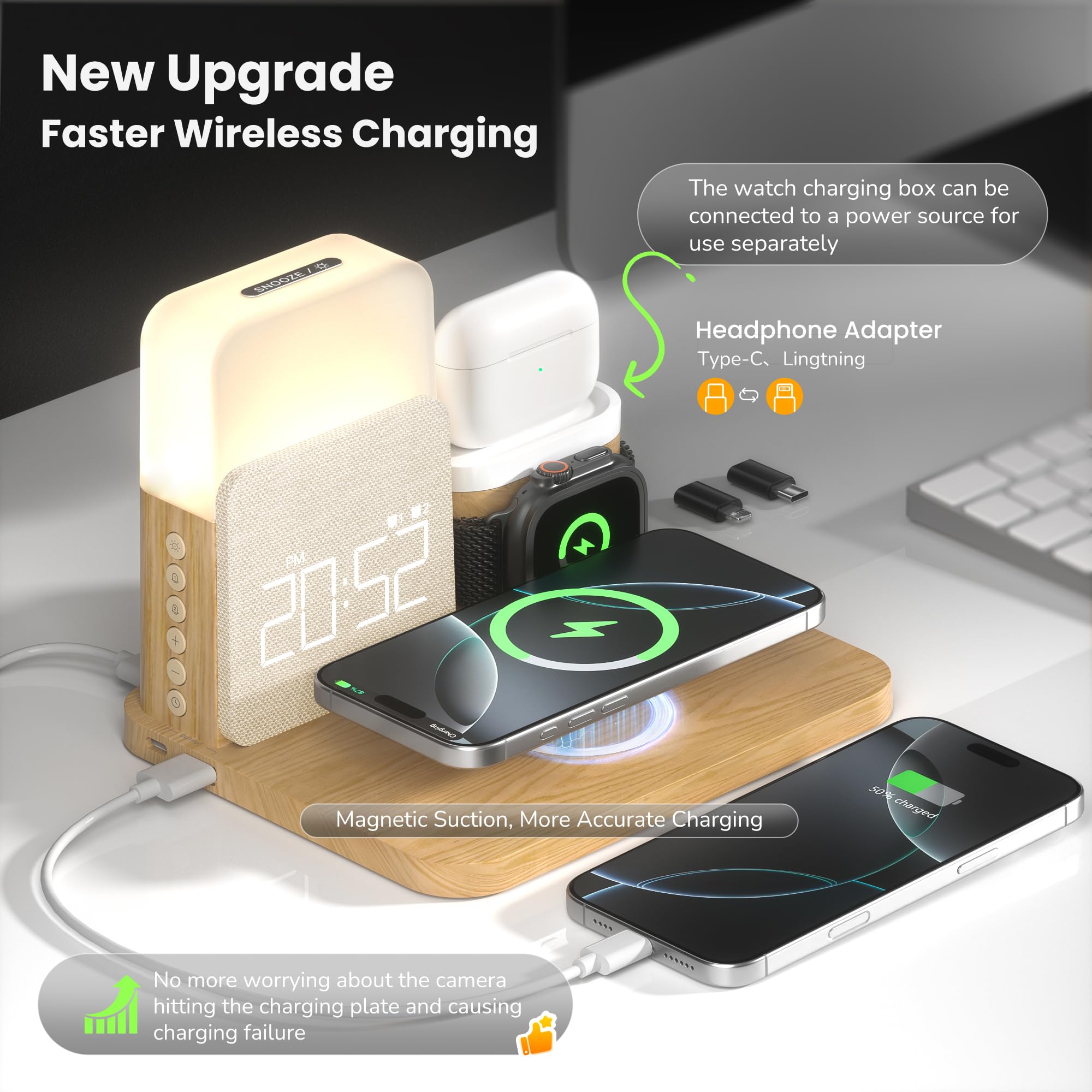 7-in-1 Wireless Charging Station with Alarm Clock & Night Light - MagSafe Charger for iPhone 16/15/14/13/12 Pro Max, Apple Watch & AirPods - Perfect Bedside Organizer for Bedrooms, Office & Travel