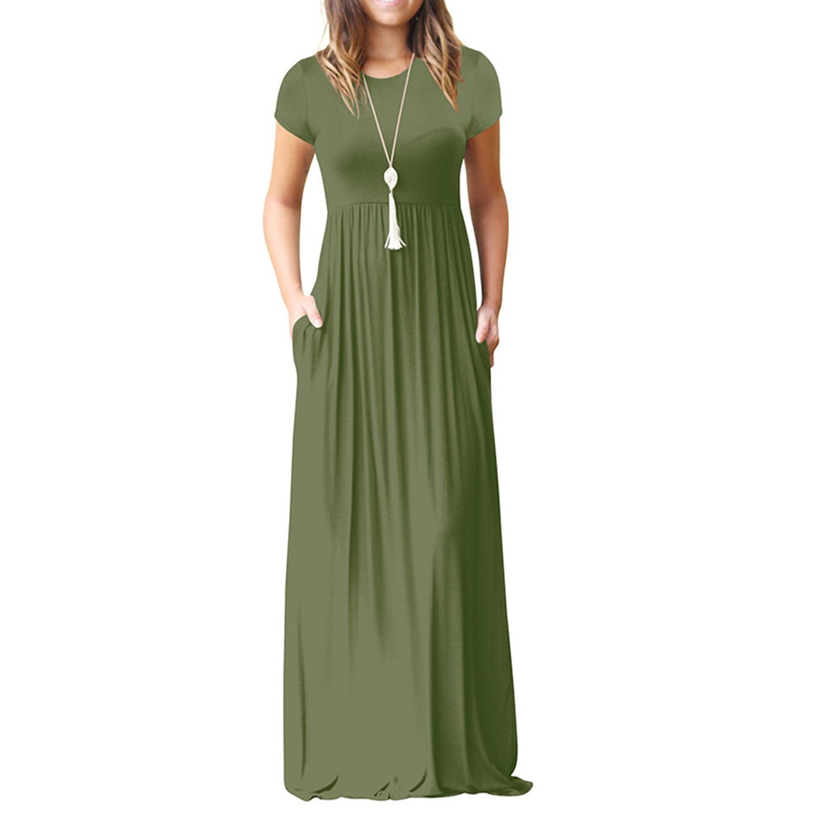 Neferlife Women's Wedding Guest Dress - Elegant Short Sleeve Round Neck Maxi Dress with Pockets, Solid Color Formal Evening Gown for Bridal Shower, Cocktail Party & Special Occasions