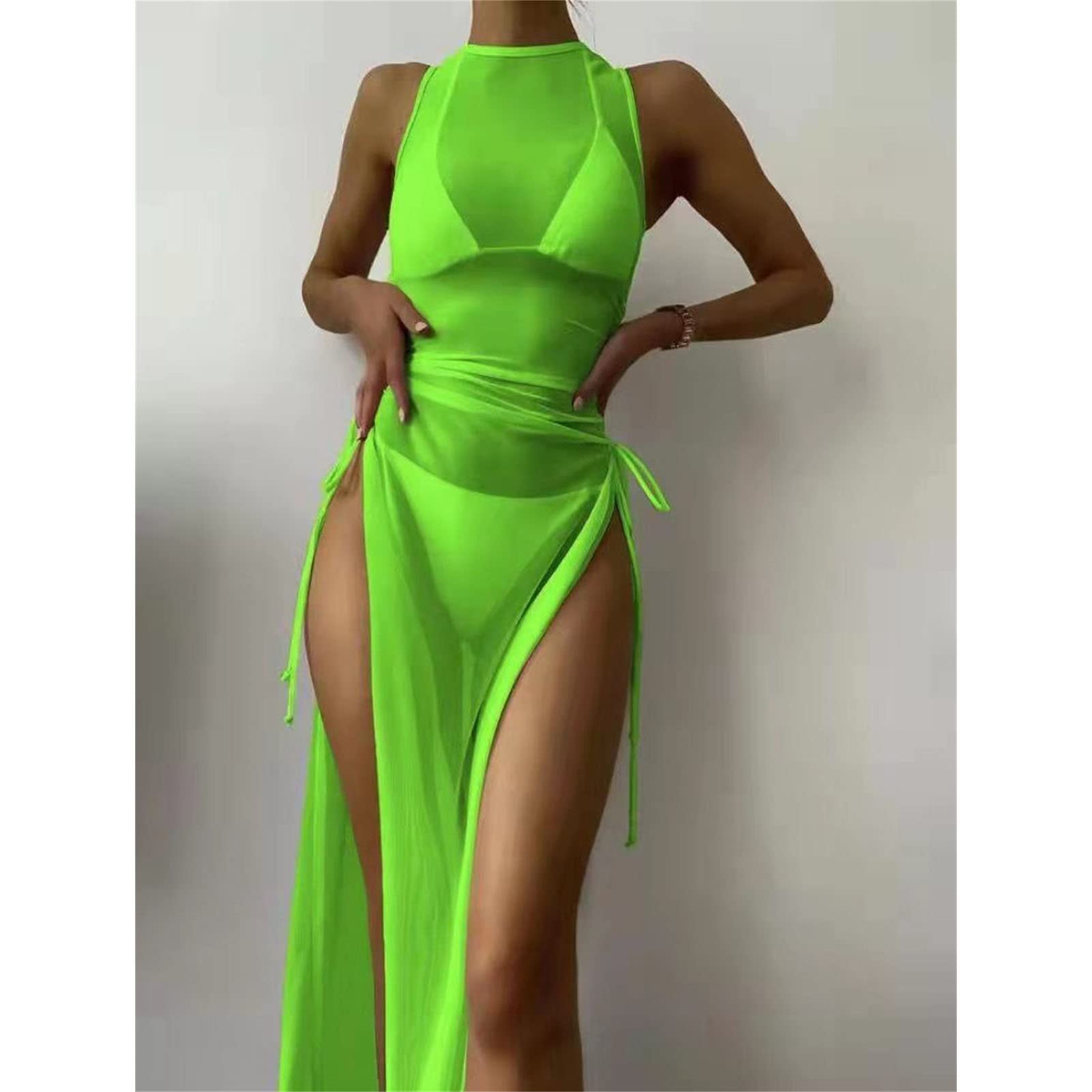 Women's Chiffon Beach Cover Up Maxi Dress - Sleeveless Tie Waist Bikini Cover Up with Side Slit - Long Swimwear Cardigan for Pool, Vacation & Summer Outfits