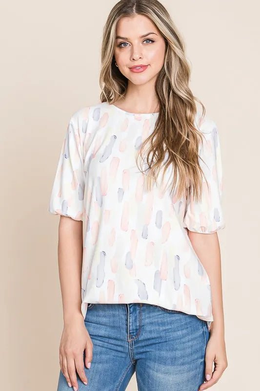 BOMBOM Women's Round Neck Puff Short Sleeve Blouse - Flowy Summer Top for Casual Wear, Office & Date Night