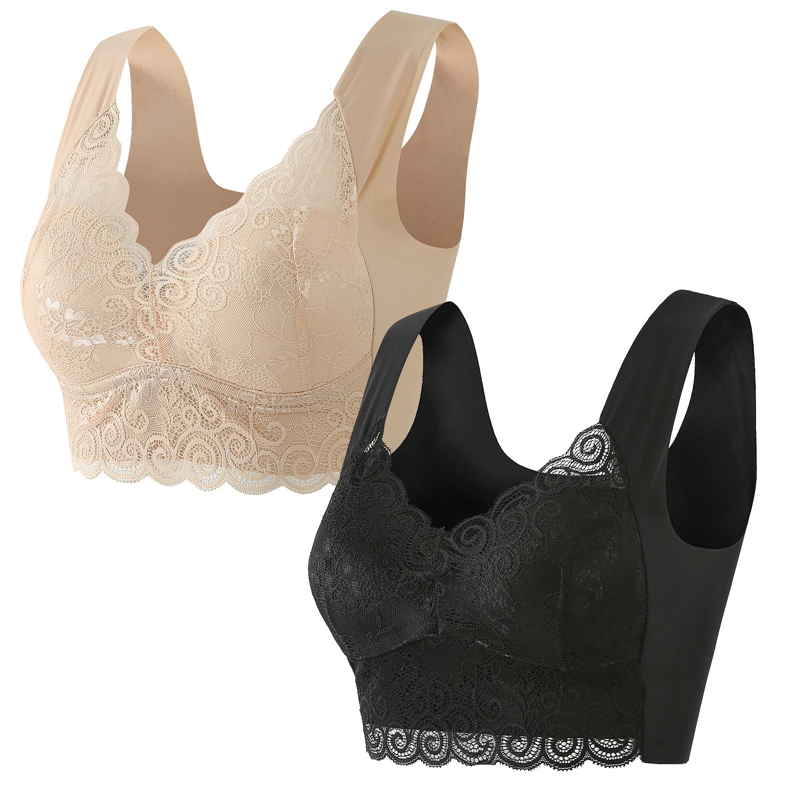 Wireless Push Up Sports Bra for Women - Seamless Lace Bralette with Removable Padding - Yoga, Gym, Running & Sleep Comfort