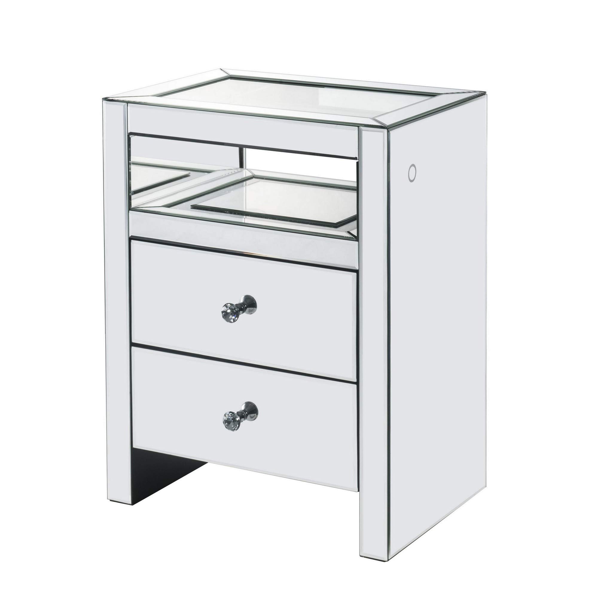 Benjara 2-Drawer Beveled Mirrored Nightstand with Glass Top & LED Lights - Silver Finish | Modern Bedside Table for Bedroom Decor & Storage