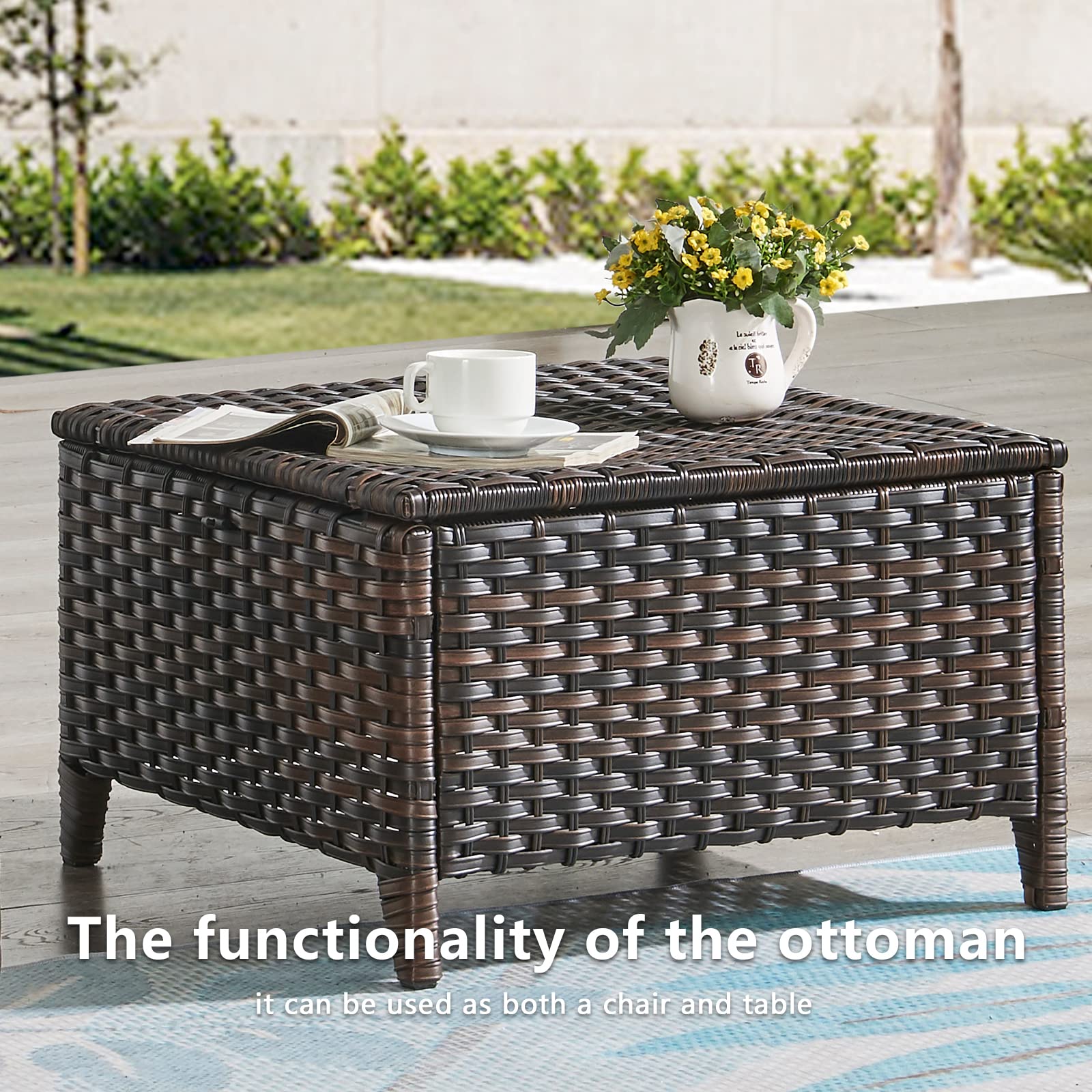 2-Piece Outdoor Wicker Ottoman Set with Thick Cushions - Grey/Blue Rattan Patio Footrests for Garden, Poolside & Deck Relaxation