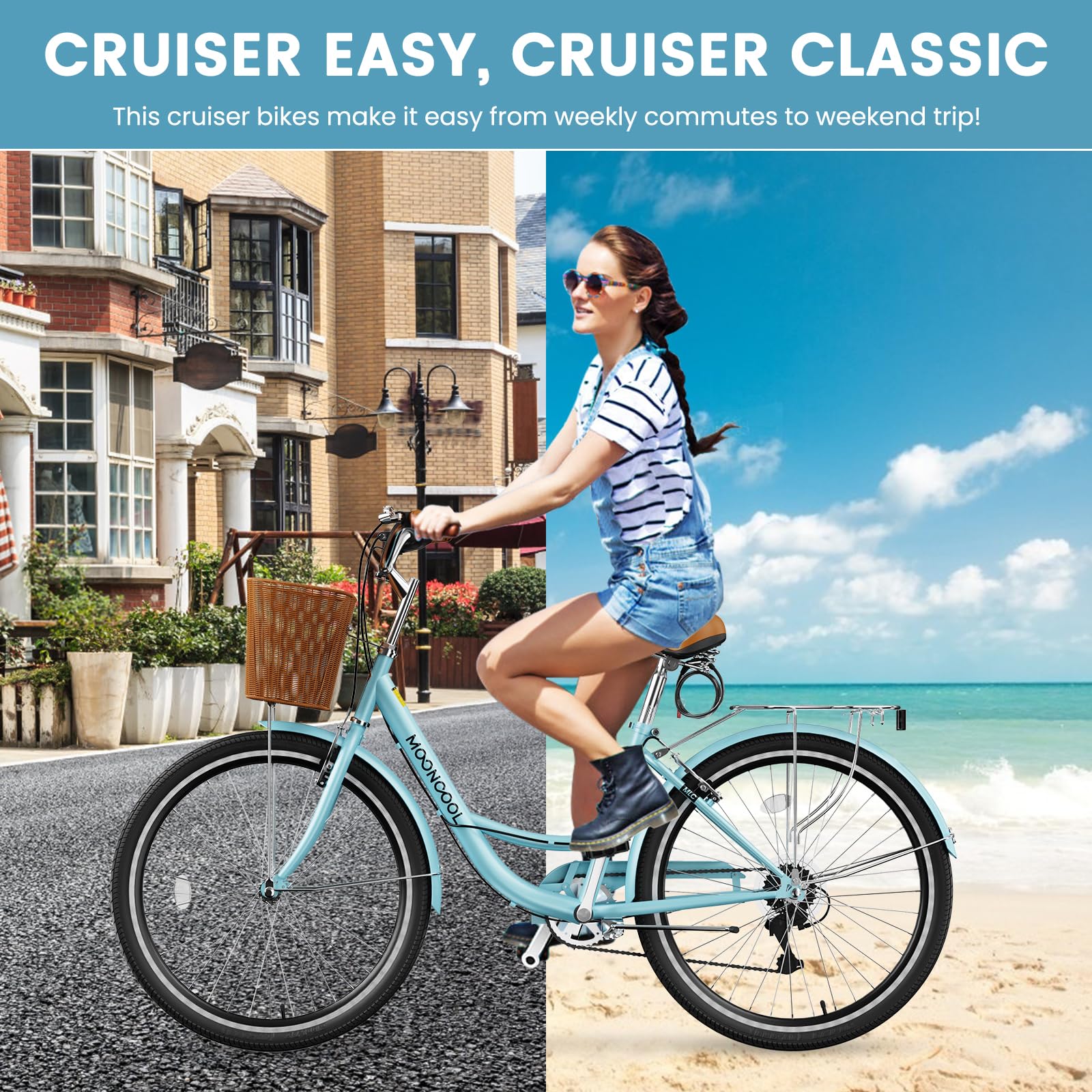 24/26 Inch Women's 7-Speed Cruiser Bike with Basket & Lock - Lightweight City Commuter Bicycle for Ladies - Perfect for Beach Rides, Urban Commuting & Leisure Cycling