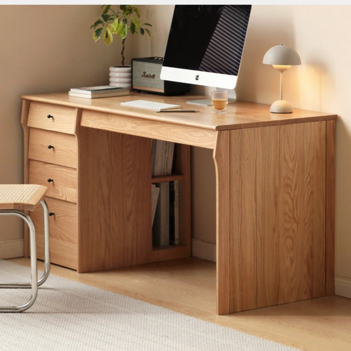Solid Oak & Cherry Wood Desk Bookshelf with Warm LED Lighting - Perfect for Home Office, Study Room, and Library Organization