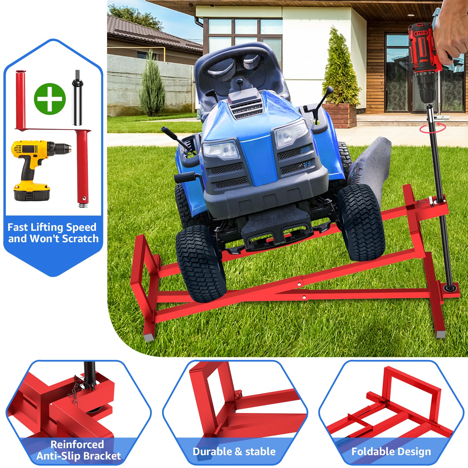 Heavy Duty Lawn Mower Lift Jack - 882 Lbs Capacity Telescoping Maintenance Platform with Manual & Power Tool Extension Handle for Garden Tractors & Riding Mowers | Ideal for DIY Repairs, Tire Changes & Underbody Maintenance - Red
