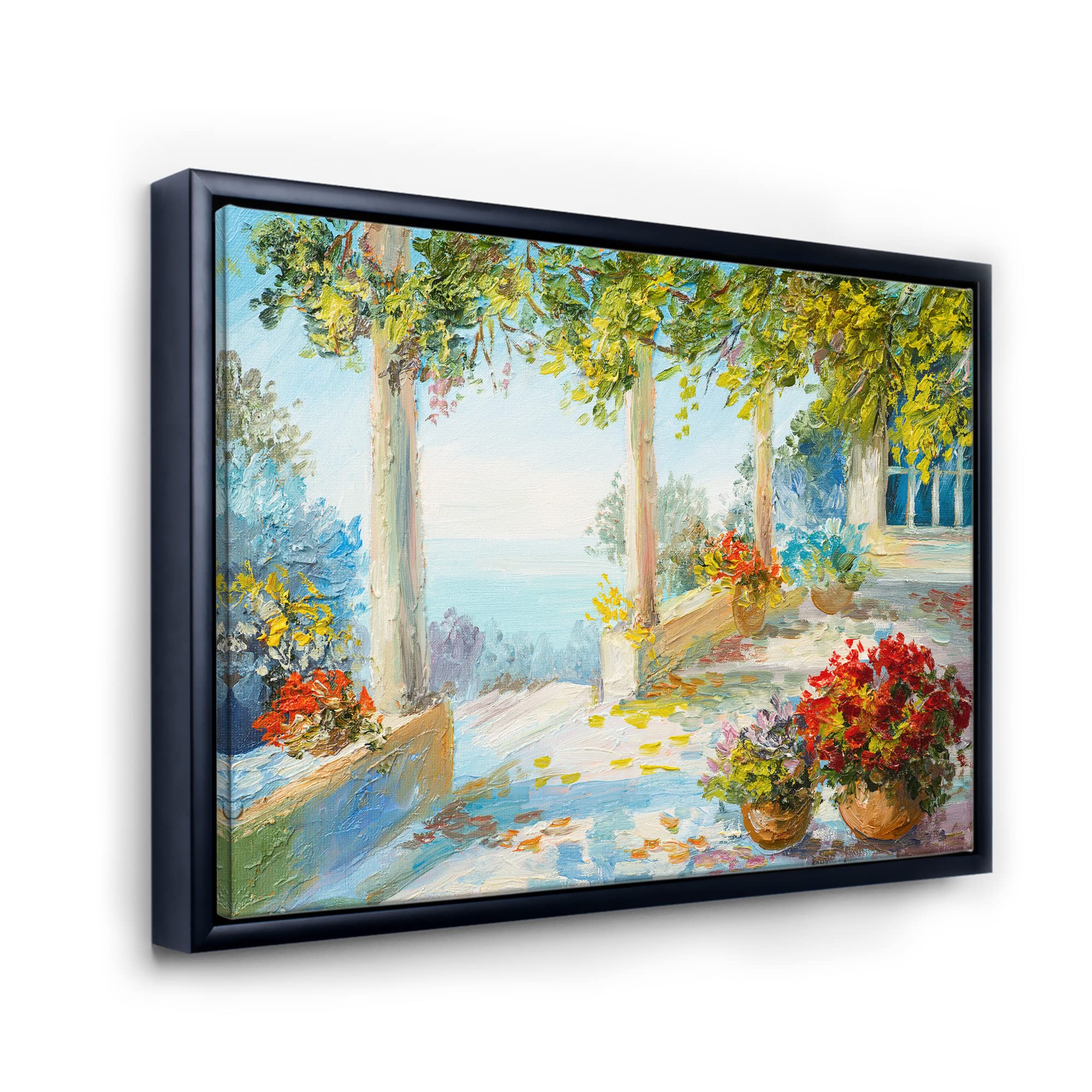 Nautical & Coastal Framed Canvas Wall Art Print - Terrace Near The Sea With Red Flowers | Perfect for Beach House Decor, Living Room, Office & Coastal Themed Interiors