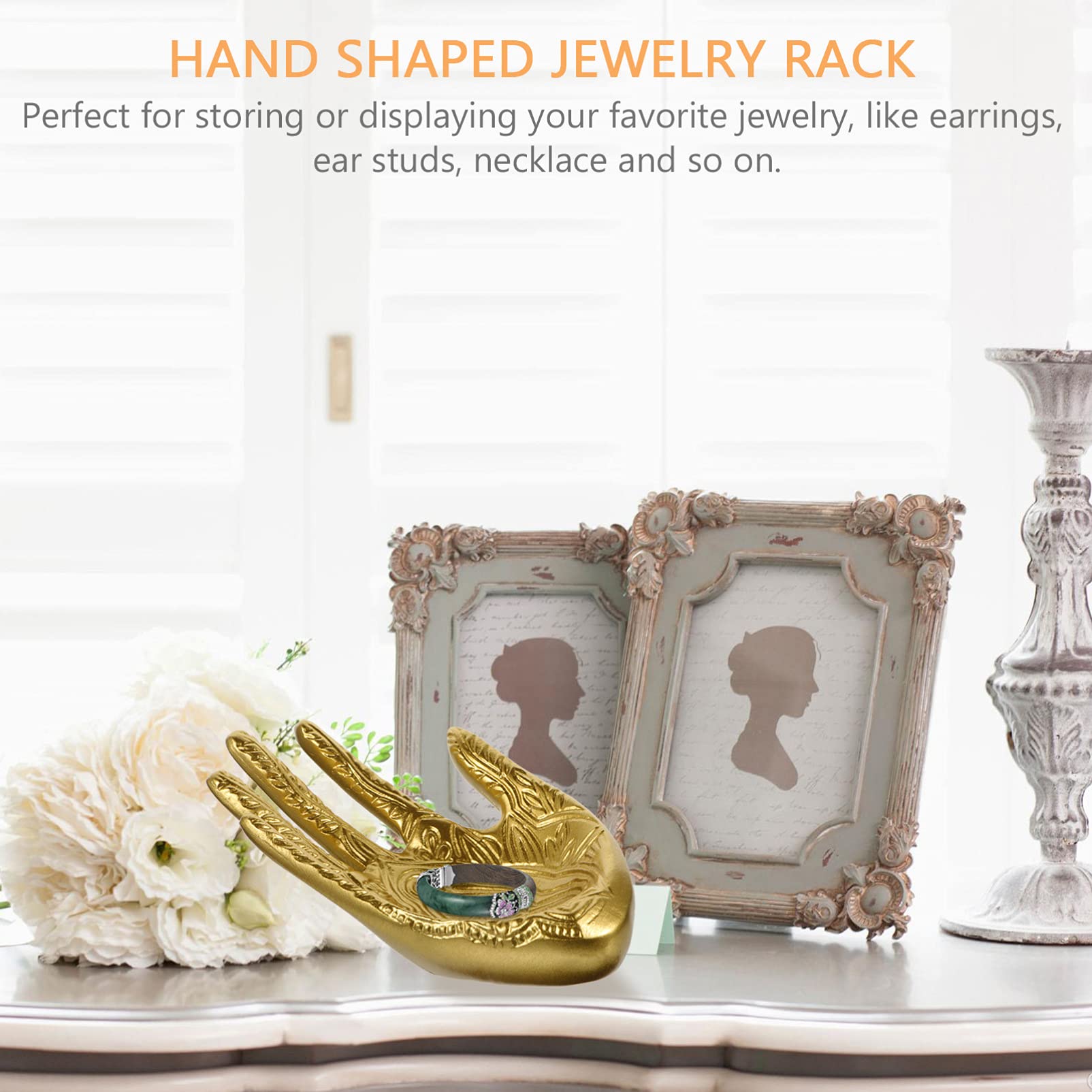 EXCEART Gold Plated Jewelry Display Stand - Ring Holder, Hamsa Hand Ring Dish, Buddha Resin Jewelry Organizer for Home Decor & Retail Store Display