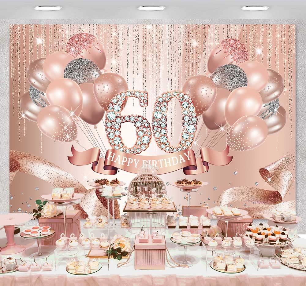 60th Birthday Party Backdrop - Rose Gold & Pink Glitter Photography Background with Balloons & Ribbons (8x6ft) | Perfect for Women's Diamond Anniversary Celebrations, Photo Studio Props & Milestone Birthday Decorations