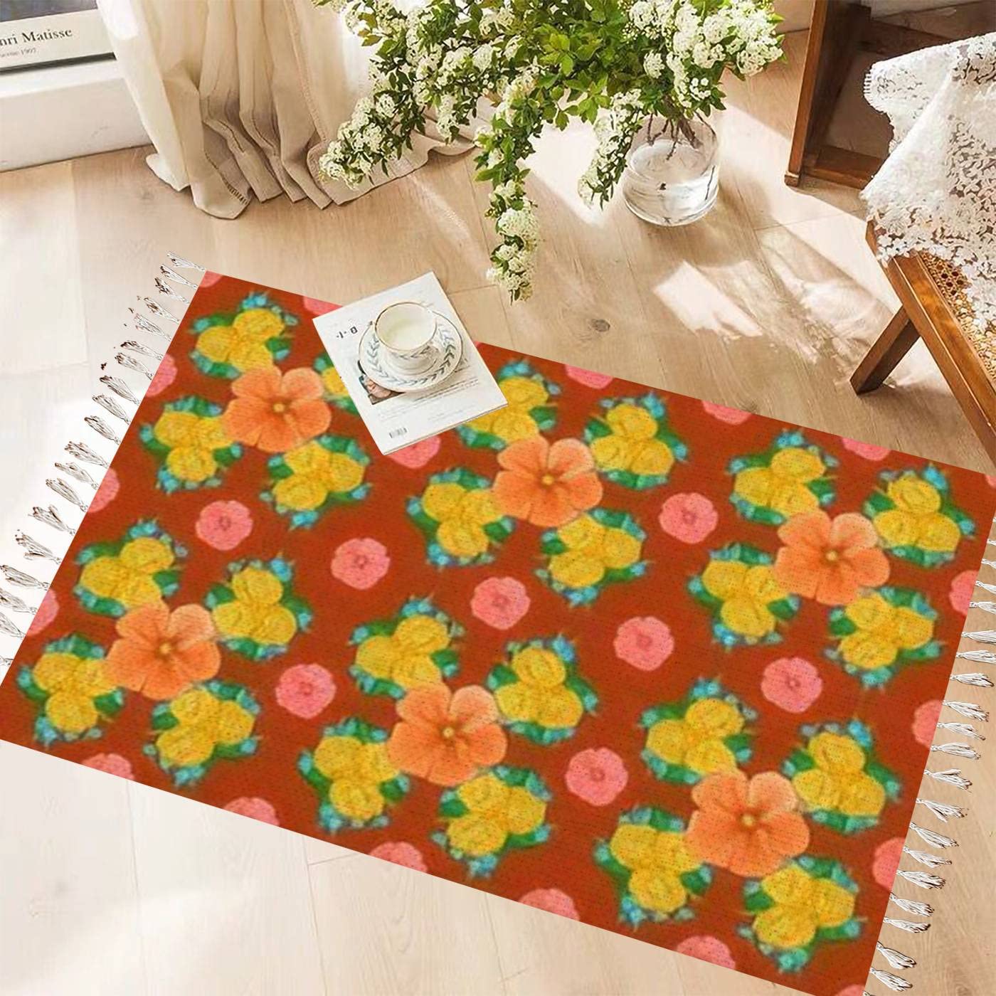 Vintage Boho Cotton & Linen Tassel Rug - Washable Abstract Floral Runner Mat in Yellow, Pink & Orange - Perfect for Kitchen, Bathroom Decor & Outdoor Bohemian Style Spaces