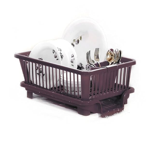 Kitchenwell 3-in-1 Large Plastic Dish Drying Rack with Drain Tray | Durable Sink Organizer for Utensils, Cutlery & Kitchen Tools | Space-Saving Countertop Solution for Small Kitchens & Apartments (Brown, 1 Pack)