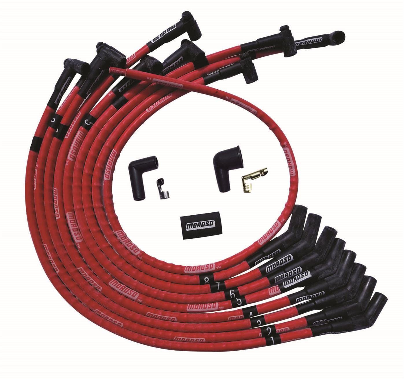 Moroso 52570 Ultra Series Red Spark Plug Wires for Small Block Ford 260/289/302 - 135 Degree Plug Ends & HEI Distributor Compatible | High Performance Ignition Upgrade for Classic Mustang, F-100 & Muscle Car Restoration
