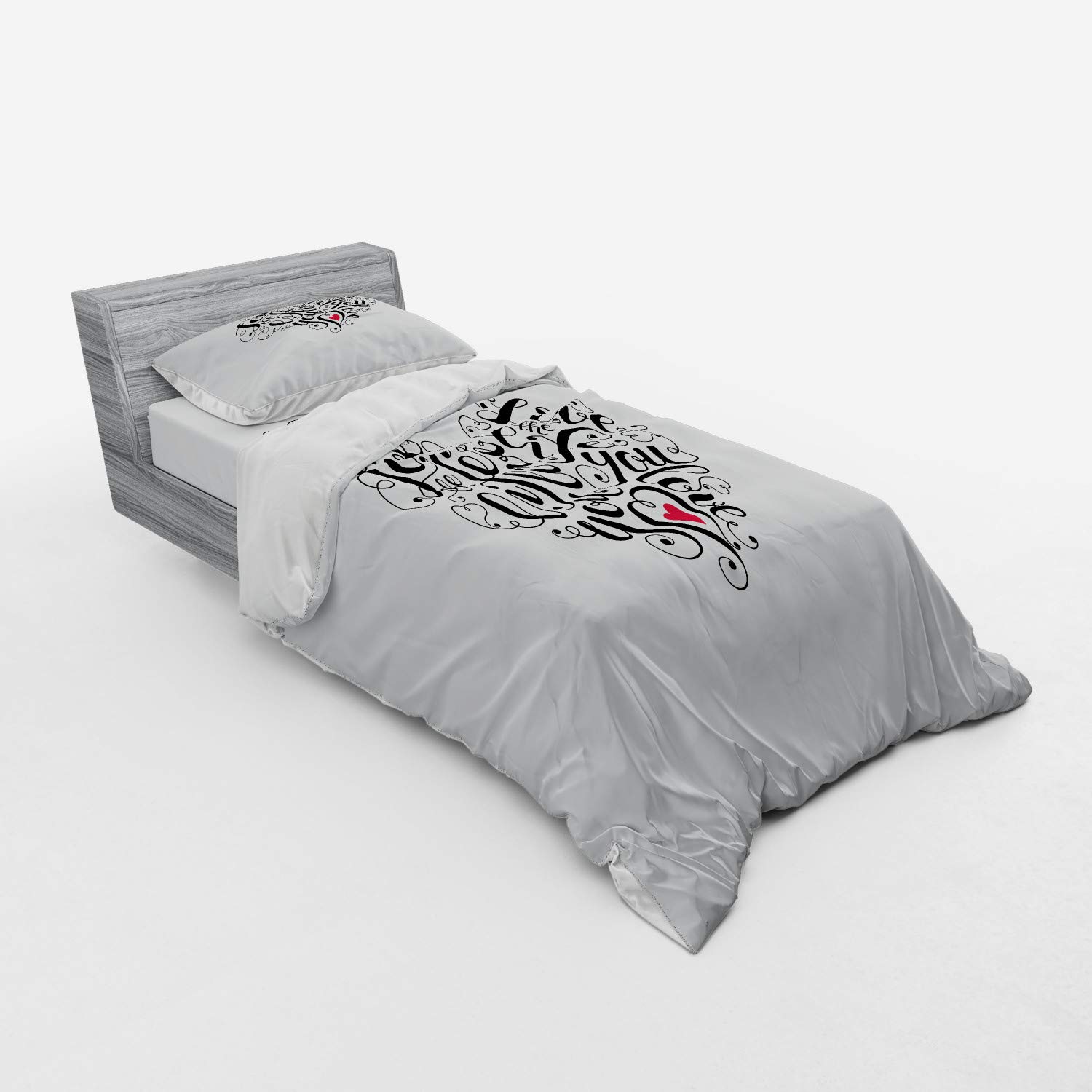 Ambesonne Love Bedding Set - Heart Shaped Words Positive Vibes 3-Piece Duvet Cover with Sham & Fitted Sheet, Twin XL Size, Dark Coral White Black - Perfect for Valentine's Day, Romantic Bedroom Decor & Couples Gift