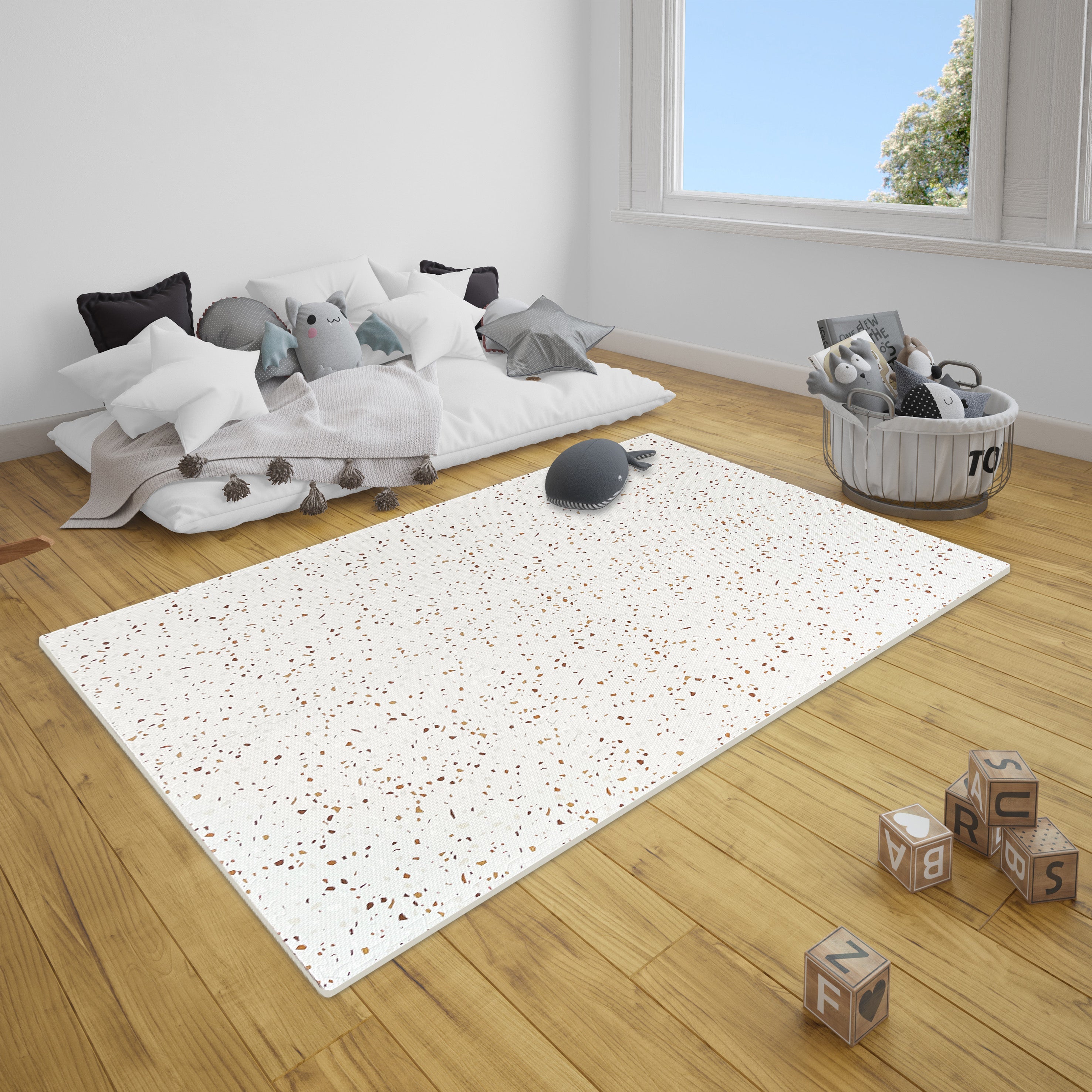 Puzzle Play Mat Tiles - Brown Terrazzo Stone Mosaic Design Foam Flooring for Kids | Safe, Interlocking EVA Tiles for Playroom, Nursery & Daycare