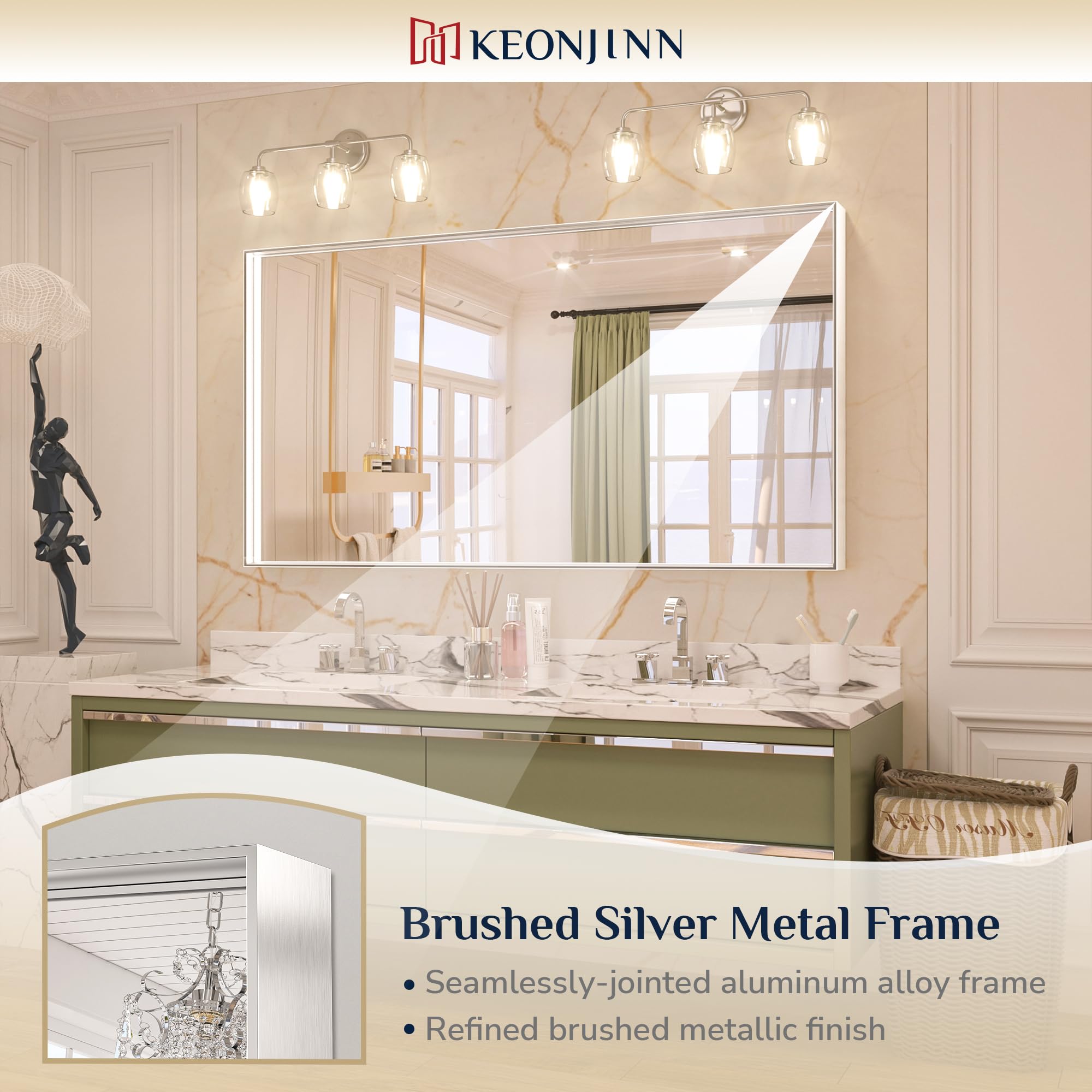 Keonjinn 60 x 30 Inch Silver Bathroom Vanity Mirror - Large Rectangular Wall Mirror with Metal Frame, Farmhouse Style - Horizontal/Vertical Mounting for Over Sink - Perfect for Bathroom Decor, Makeup Application and Dressing Area