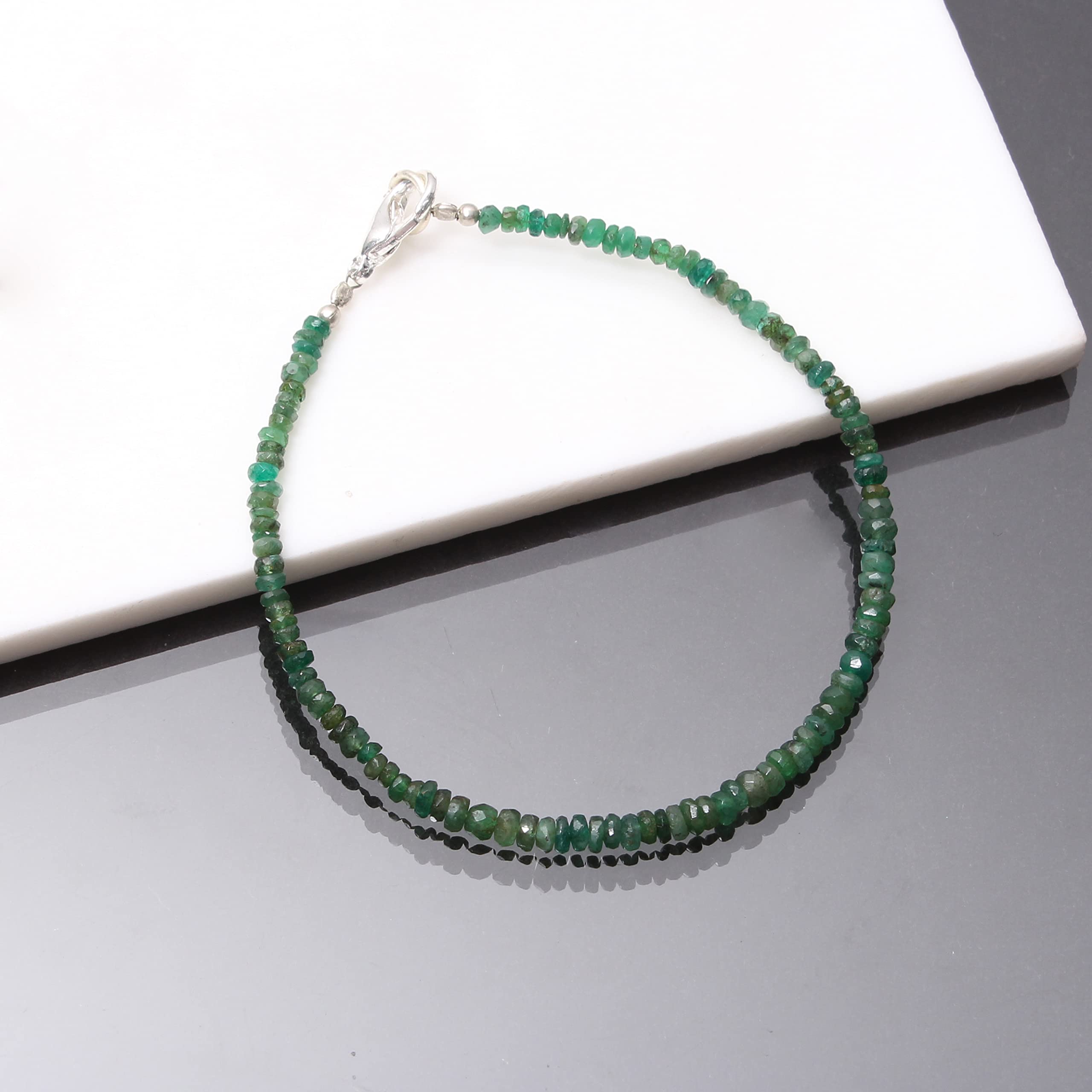 Natural Emerald Faceted Round 925 Sterling Silver Beaded Bracelet - Handmade Healing Jewelry for Women, Gift for Mom, Birthday, Anniversary, Meditation & Positive Energy