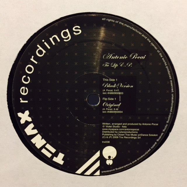 Antonio Pocai Tu Lip EP 12 TNX038 - Electronic Dance Music Vinyl Record by Tenax Recordings | Perfect for DJ Sets & Music Collectors