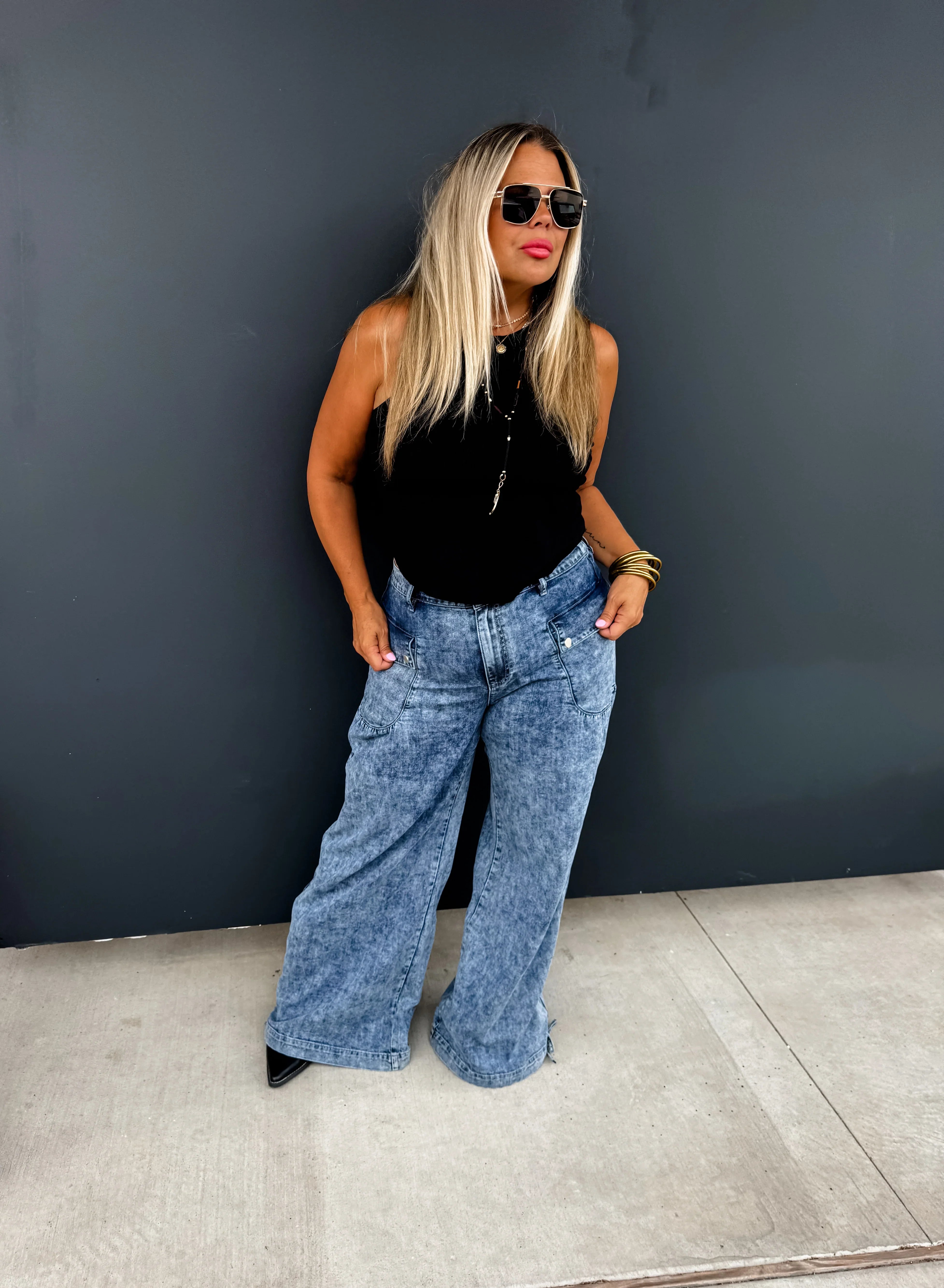 PREORDER: Charlie Cinch Hem Wide Leg Jeans - High Waist Stretch Denim Pants for Women | Casual & Chic Outfit for Everyday Wear