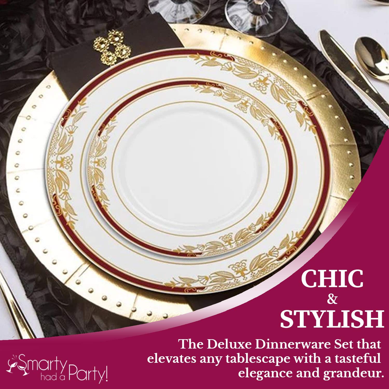 Premium Heavy Duty Disposable Plastic Dinnerware Sets - Elegant Gold & Burgundy Wedding Plates, Forks, Knives (120-Piece Value Pack) | Perfect for Weddings, Birthdays, Parties & Special Events | Durable & Stylish Tableware for Large Gatherings