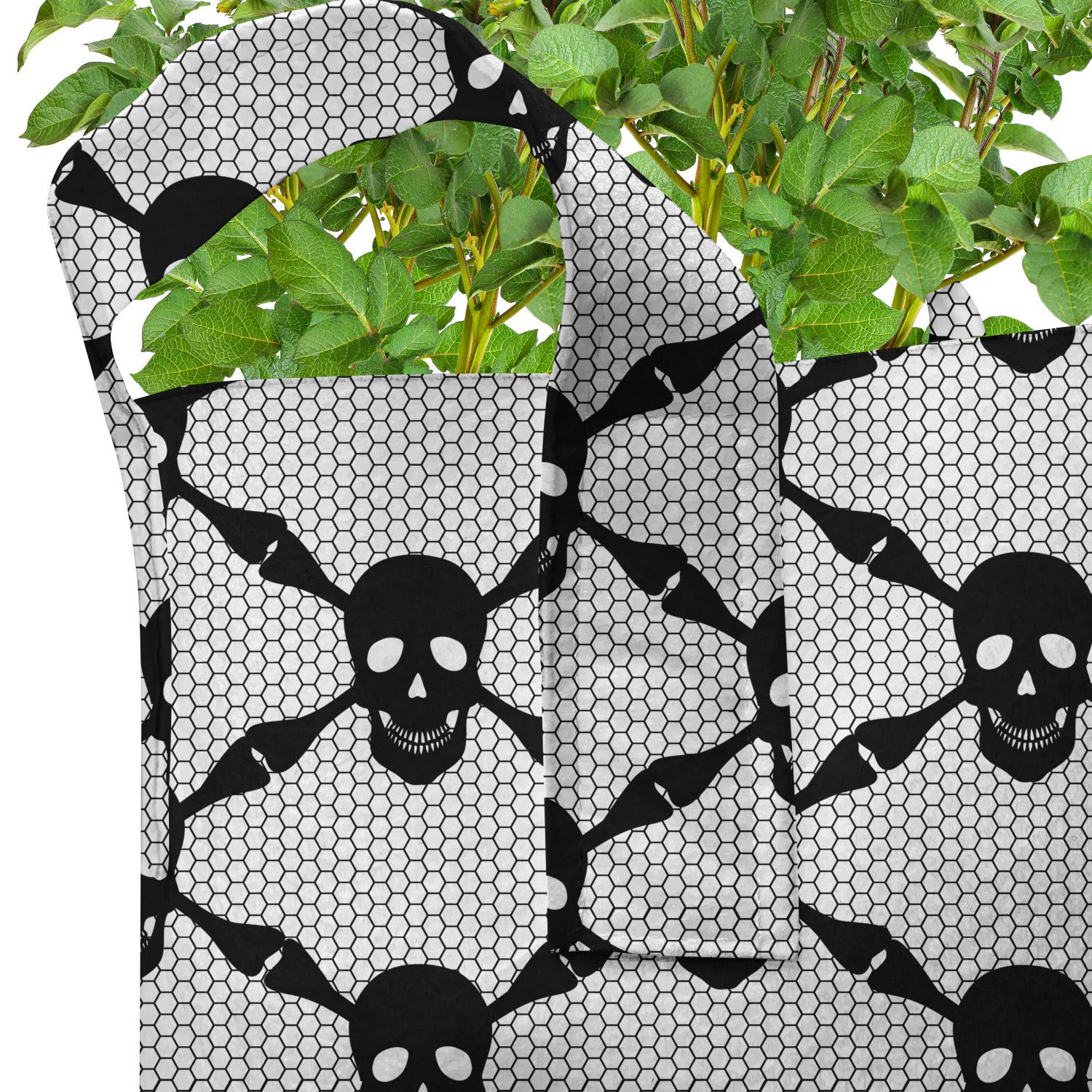 Ambesonne 5-Pack Gothic Halloween Plant Grow Bags - 7 Gallon Heavy Duty Fabric Pots with Handles, Black White Skull Design for Indoor/Outdoor Gardening, Perfect for Halloween Decor & Plant Lovers