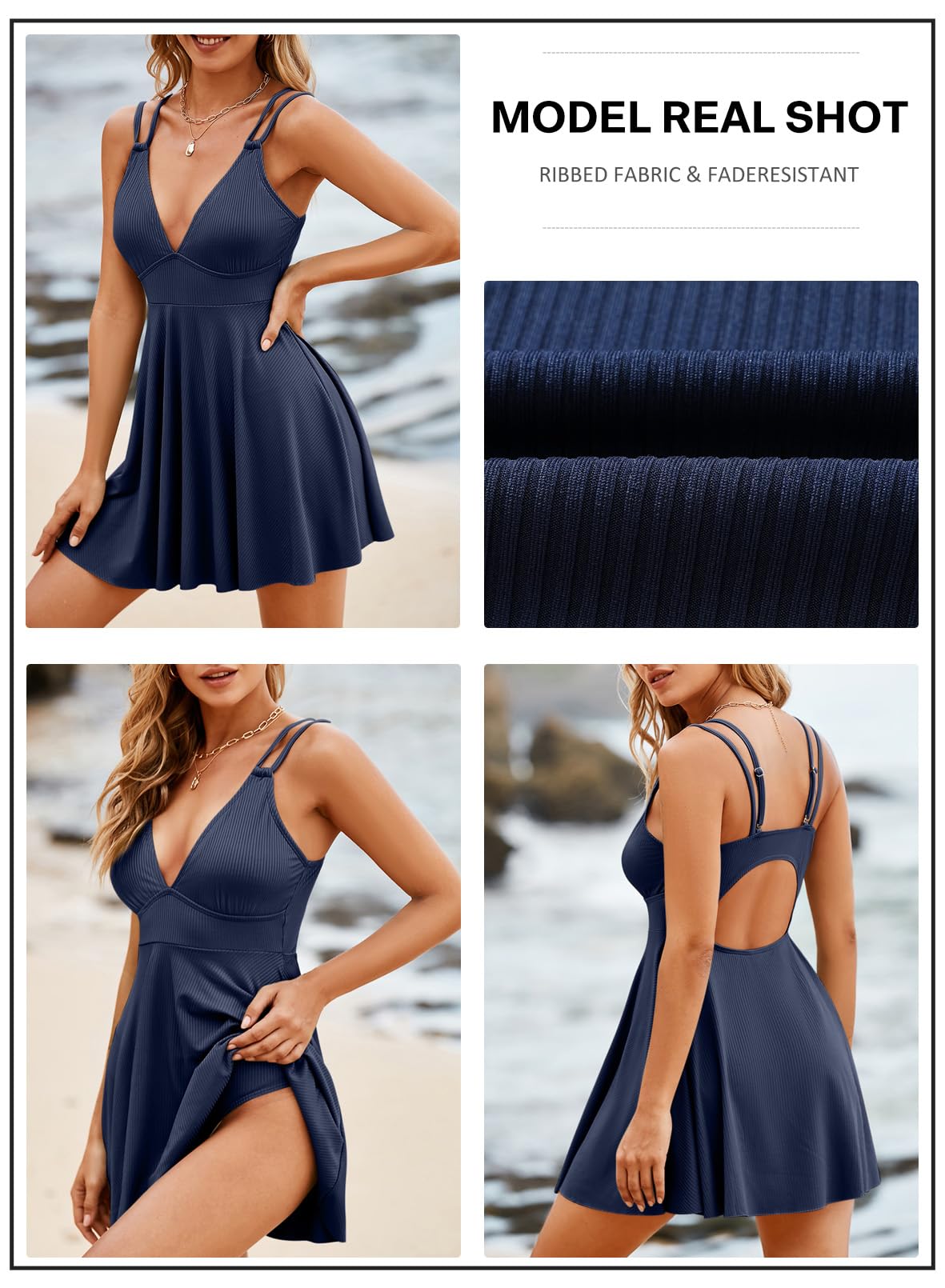 Women's One Piece Swim Dress with Tummy Control - Ribbed A-Line Skirted Bathing Suit for Beach, Pool & Vacation | Aleumdr