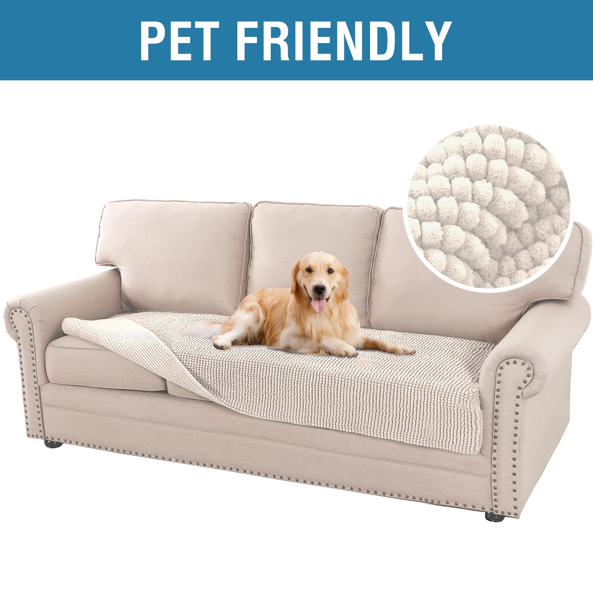 Premium Plush Chenille Dog Bed Cover - Soft Thick 3-Cushion Couch Protector with Anti-Slip Backing for Pets (35