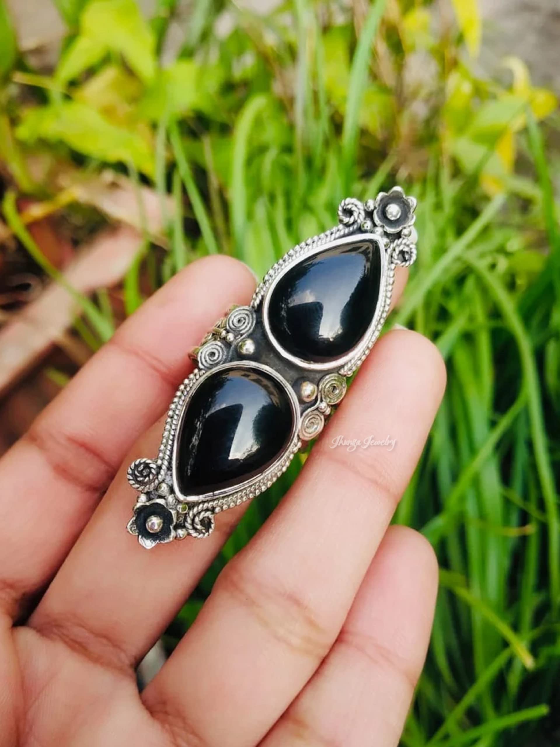 Black Onyx Ring - 925 Sterling Silver Handmade Boho Statement Ring | Artisan Designer Wedding Promise Ring | Vintage Pear Shape Onyx Silver Jewelry for Women - Perfect for Boho Chic, Evening Wear & Special Occasions