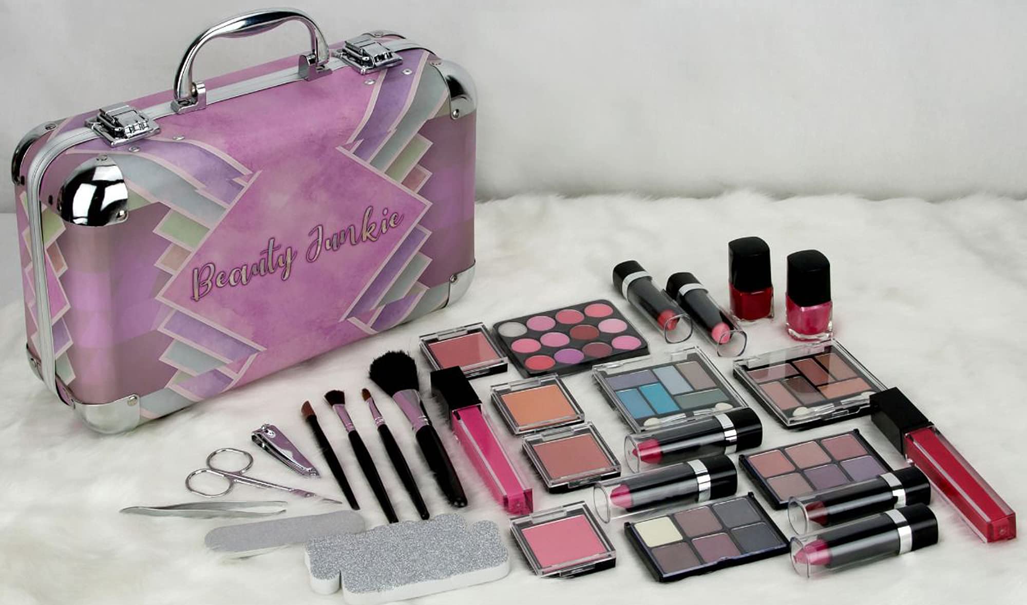VER Modern Portable Beauty Junkie Makeup Gift Set with Extendable Trays & Mirror - 61pcs Cosmetic Organizer | Perfect for Travel, Home Vanity & Professional Makeup Artists
