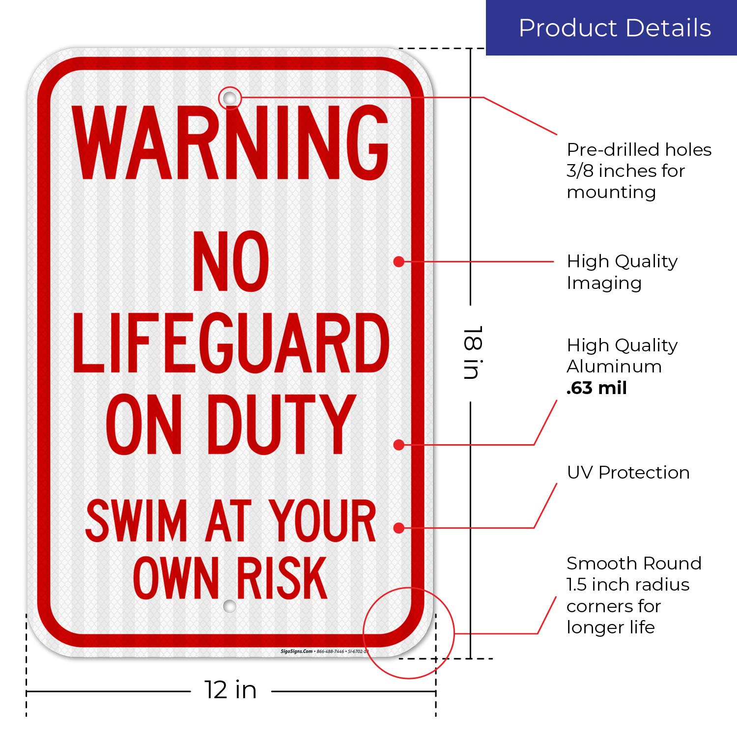No Lifeguard On Duty Sign - 12x18 Inches Reflective Aluminum Pool Safety Sign (SI-6702) | 3M EGP Coated, Fade Resistant, Indoor/Outdoor Use | Perfect for Swimming Pools, Water Parks & Beach Clubs | Made in USA