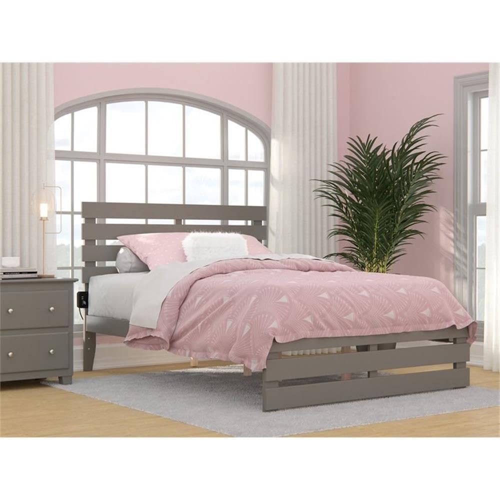 BOWERY HILL Farmhouse Solid Wood Full Size Bed Frame with Footboard & USB Charging Ports - Gray Wooden Bed for Master Bedroom, Guest Room & Cozy Farmhouse Decor